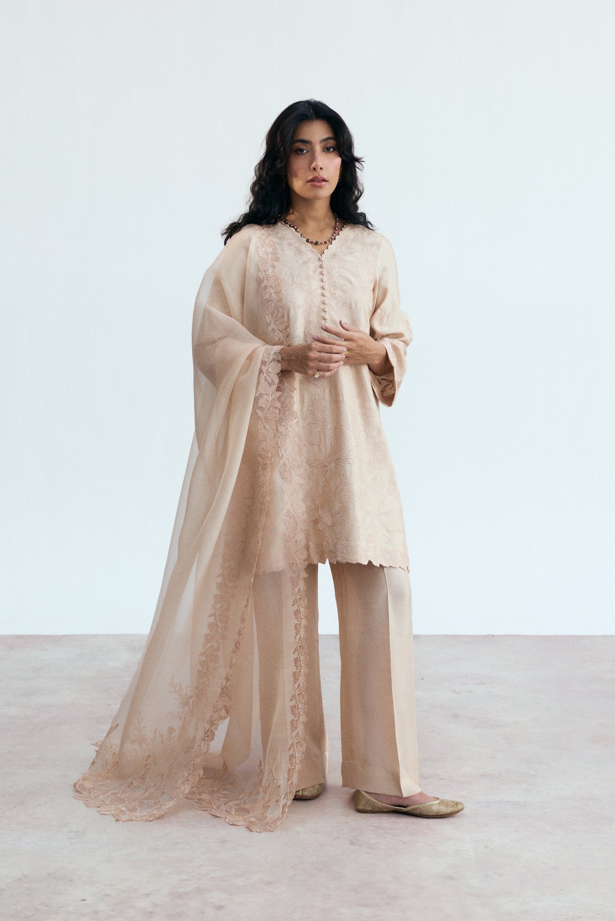 pakistani semi-formal silk wear pink/peach kameez, trousers, dupatta