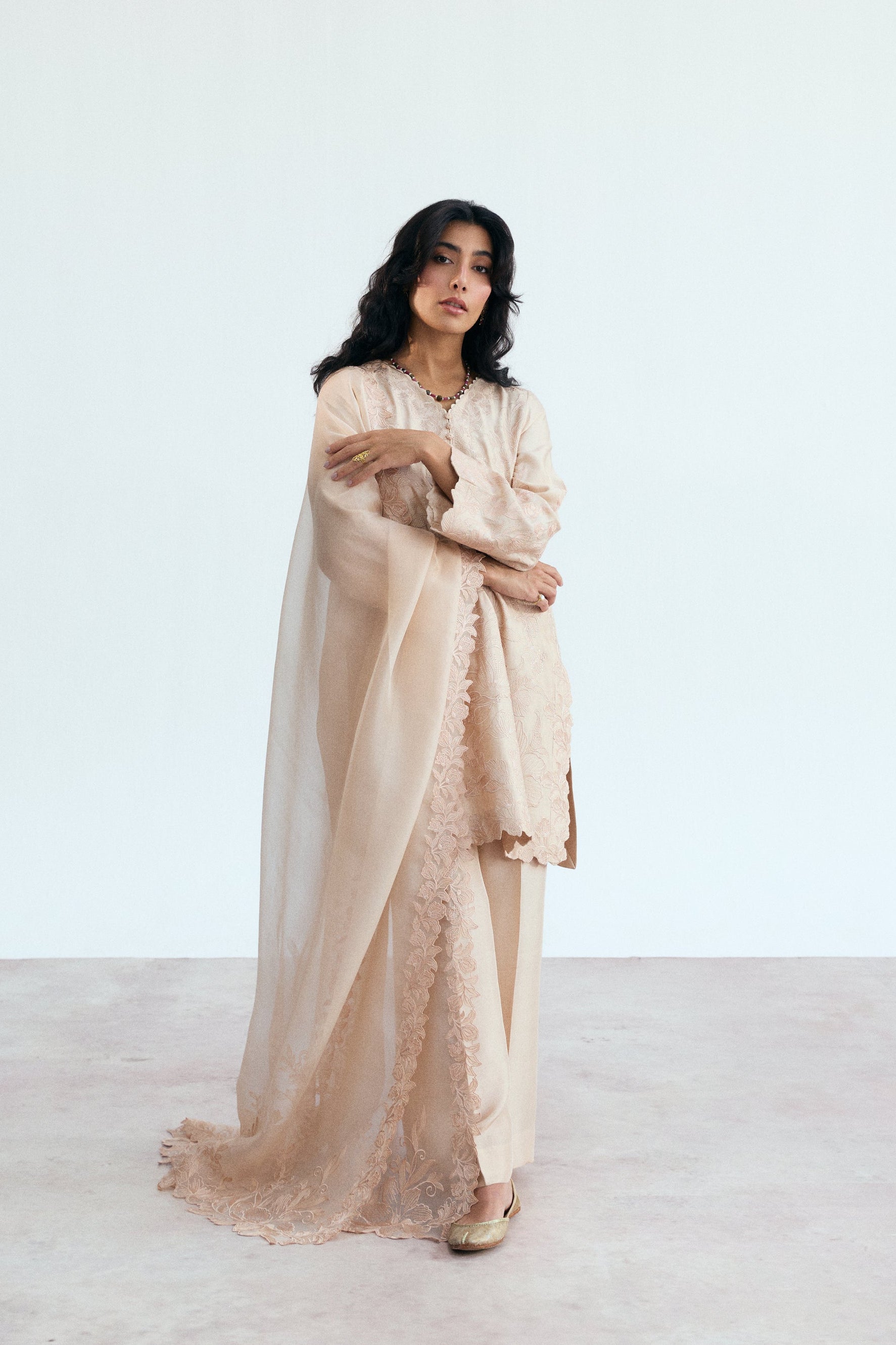 pakistani semi-formal silk wear pink/peach kameez, trousers, dupatta