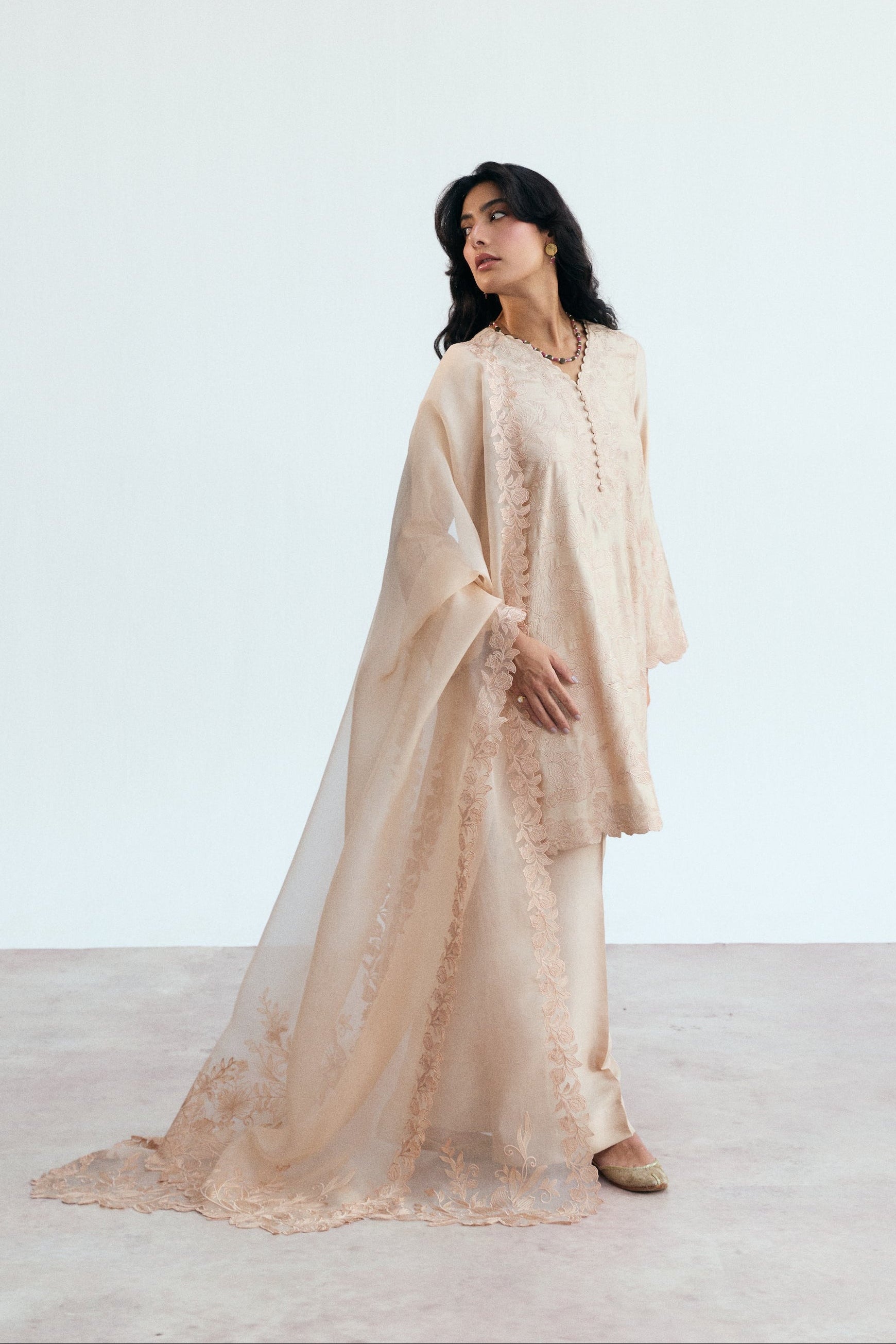 pakistani semi-formal silk wear pink/peach kameez, trousers, dupatta