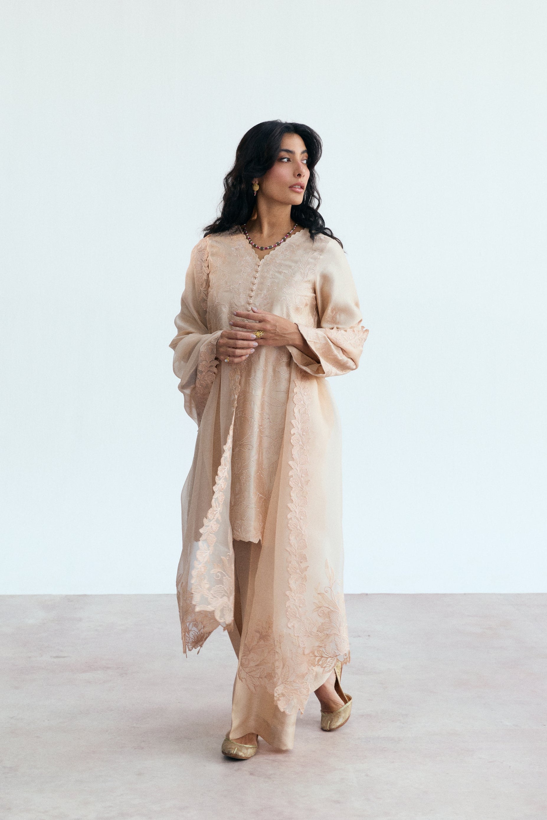 pakistani semi-formal silk wear pink/peach kameez, trousers, dupatta