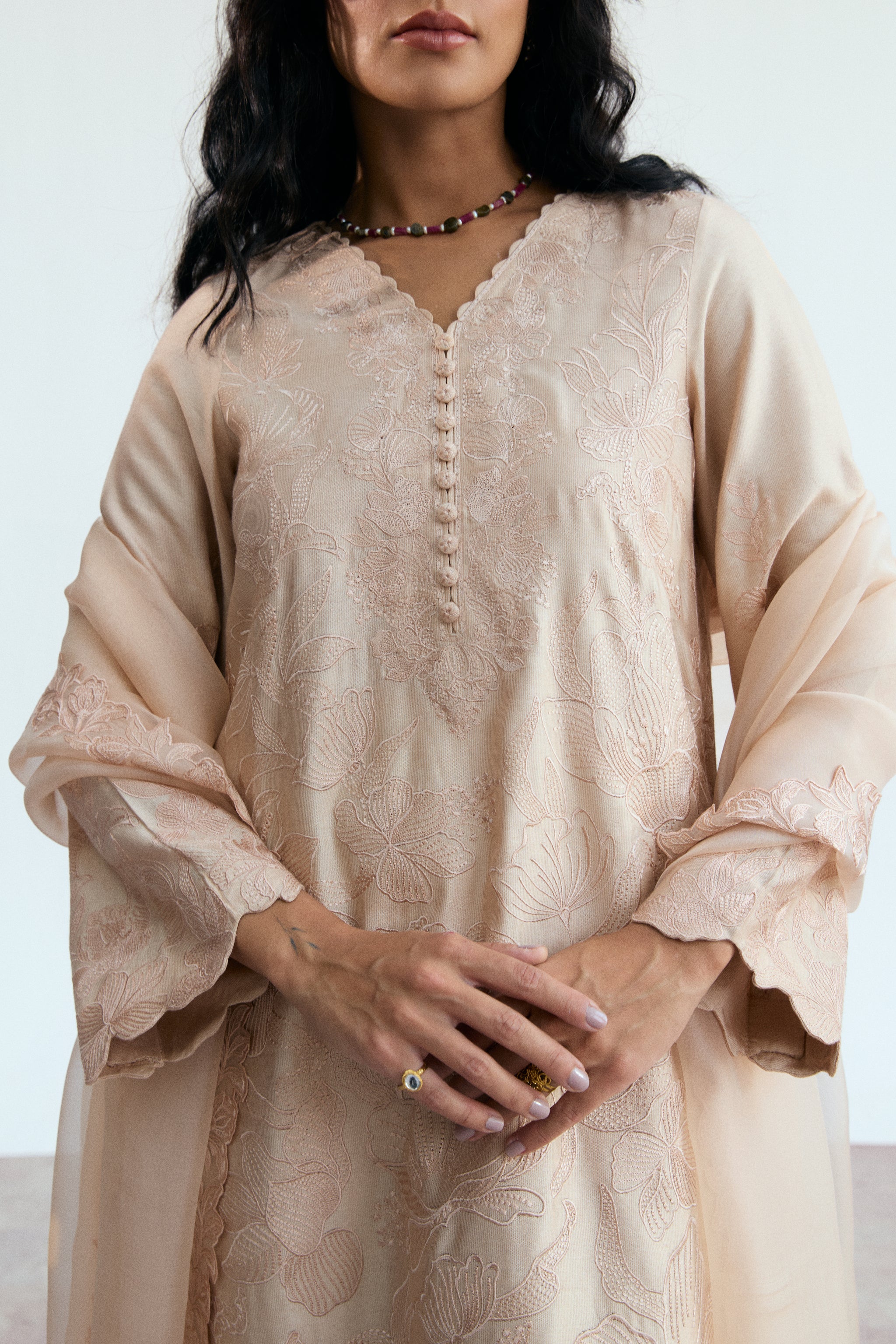 pakistani semi-formal silk wear pink/peach kameez, trousers, dupatta