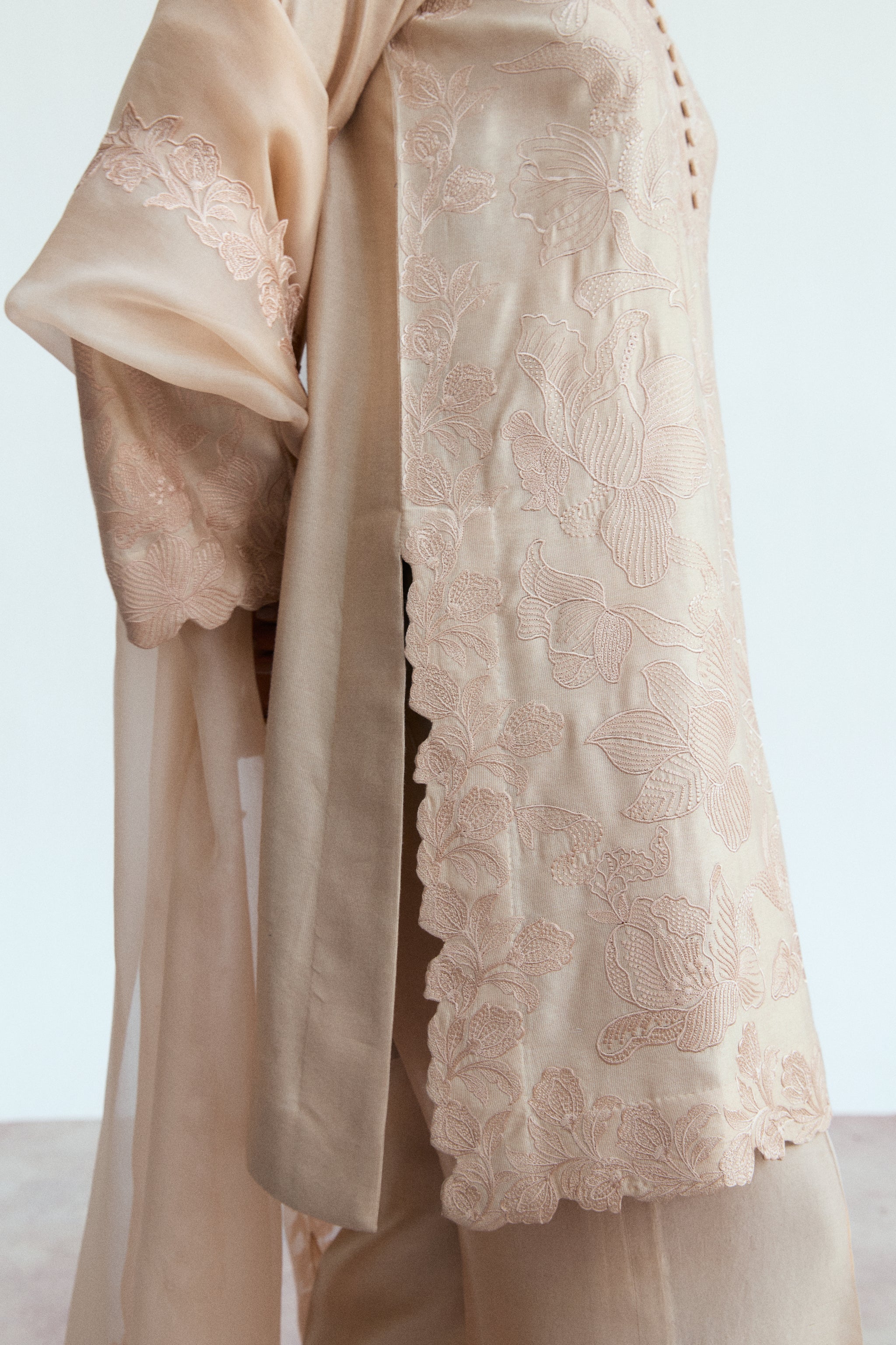 pakistani semi-formal silk wear pink/peach kameez, trousers, dupatta