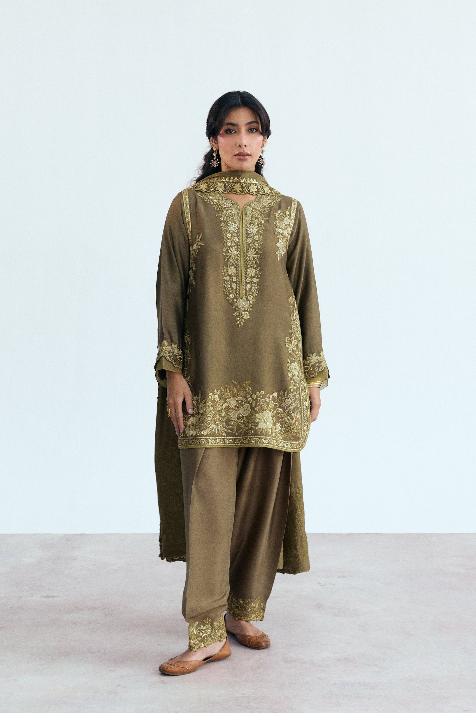khaki three piece pakistani semi-formal wear