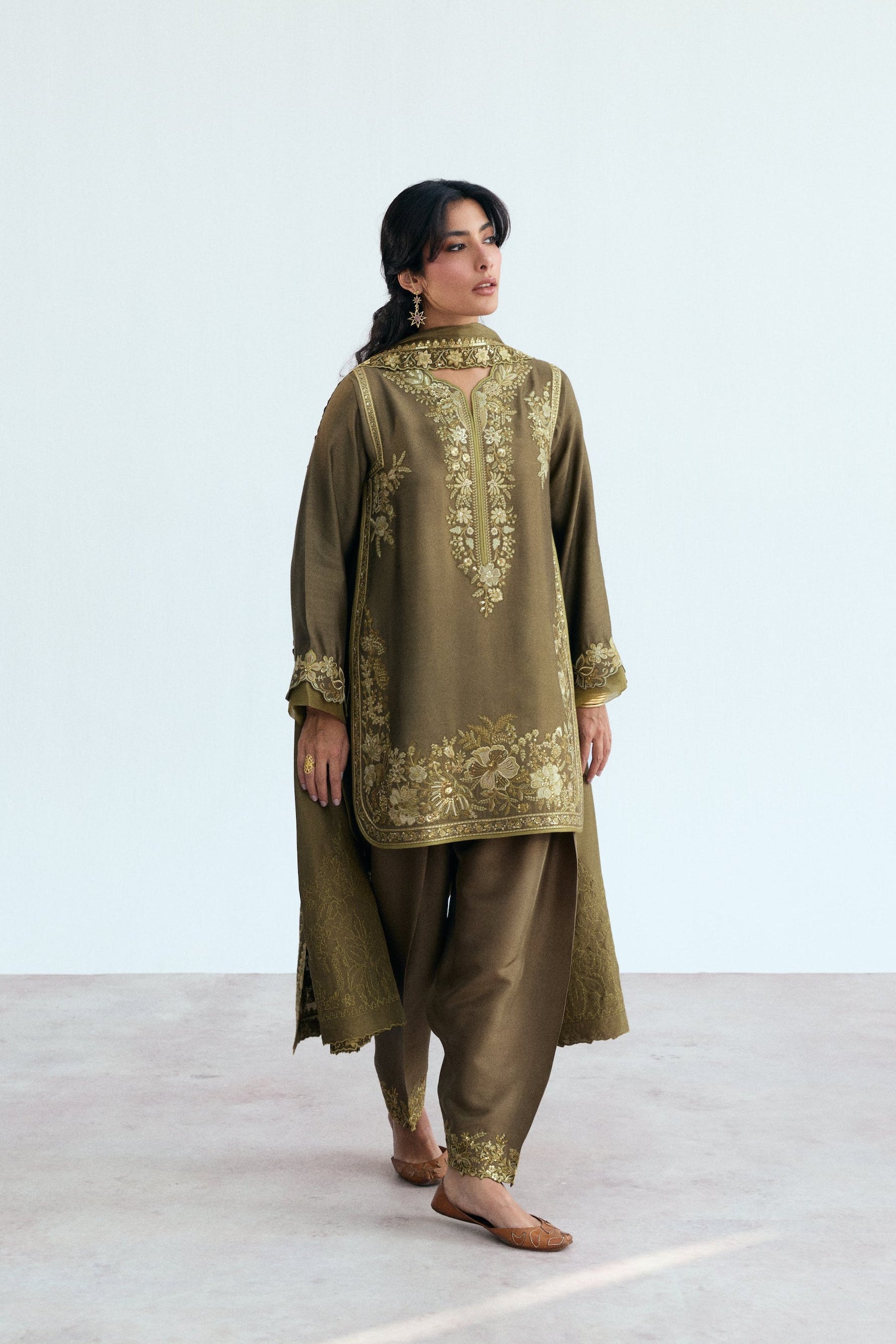 khaki three piece pakistani semi-formal wear