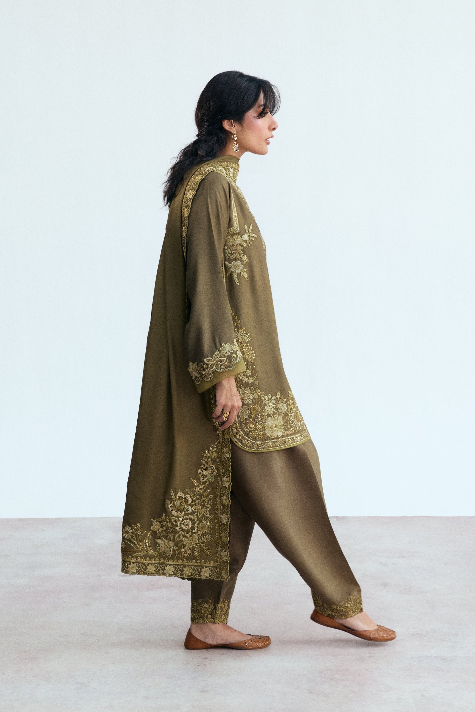 khaki three piece pakistani semi-formal wear