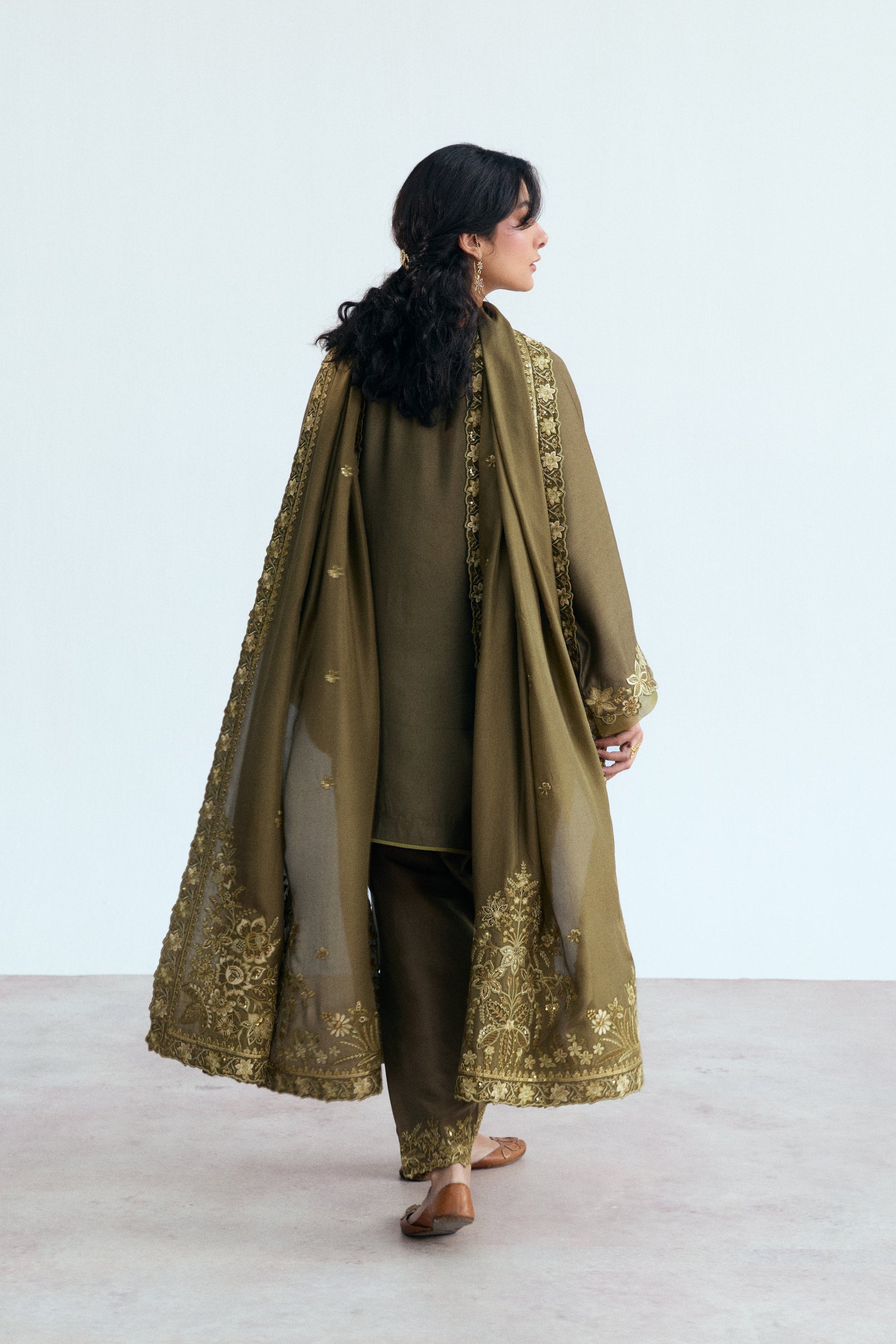 khaki three piece pakistani semi-formal wear. Ramadan Edit Mannam