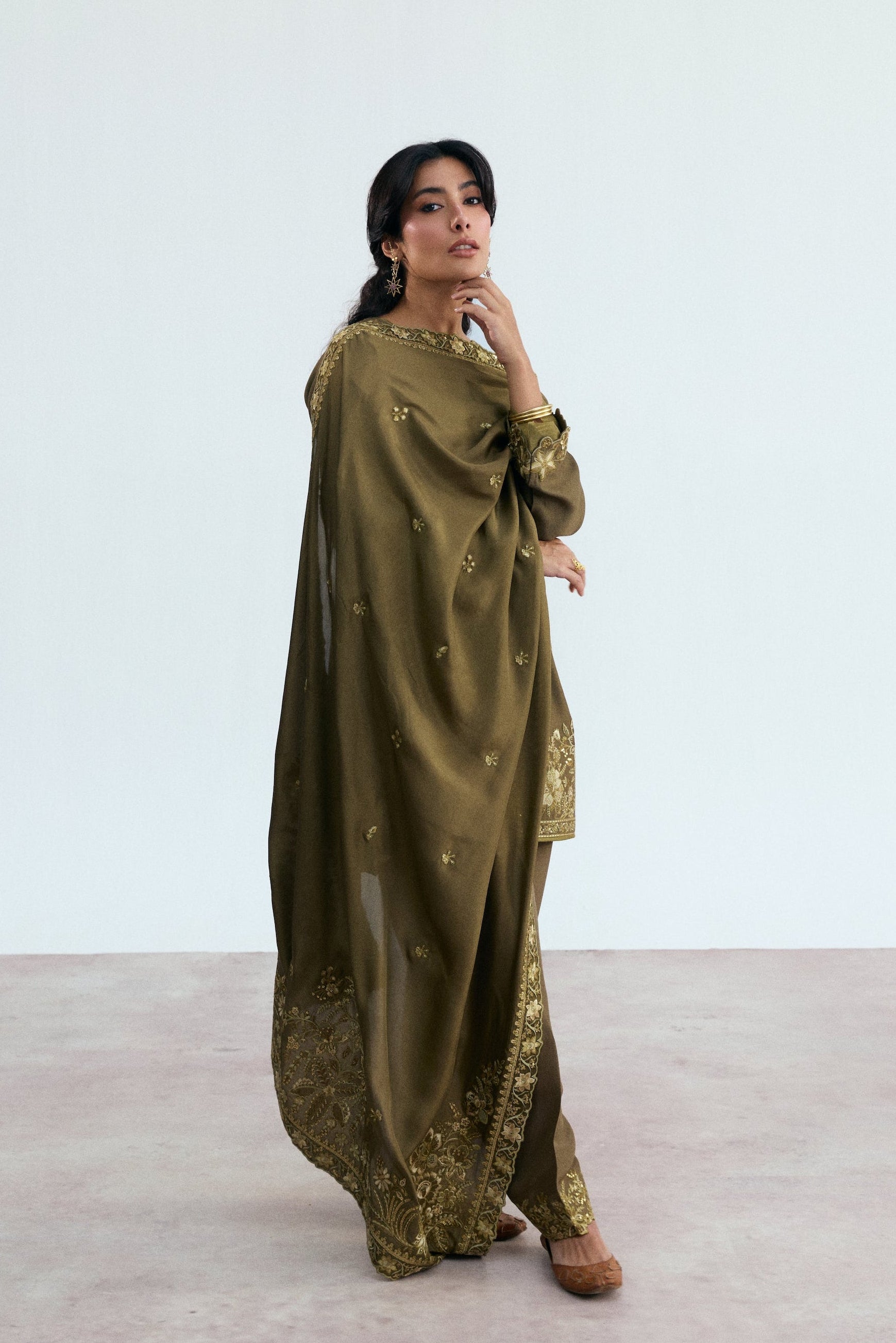 khaki three piece pakistani semi-formal wear - rayon kameez, pure silk dupatta and salwar