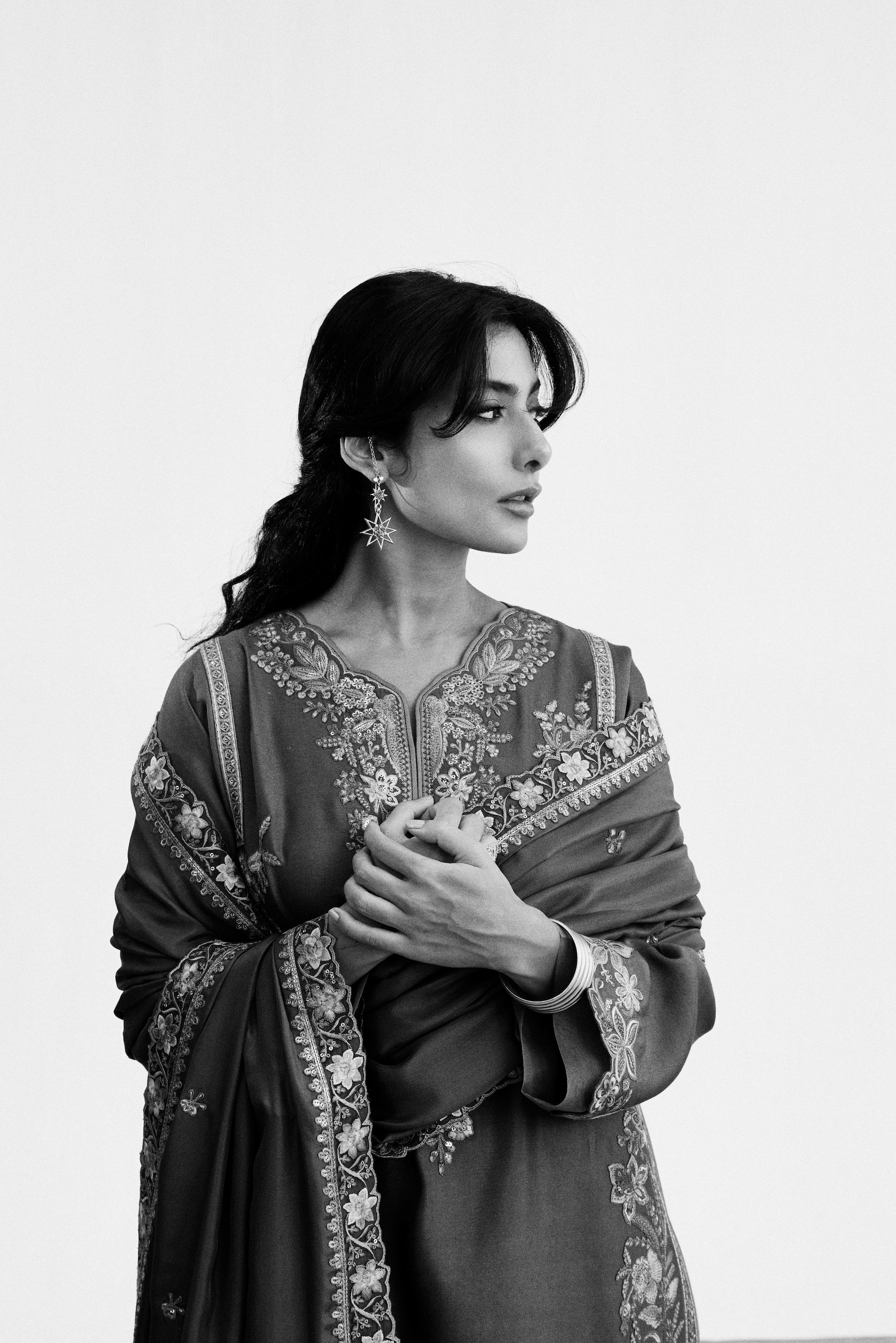 khaki three piece pakistani semi-formal wear - rayon kameez, pure silk dupatta and salwar