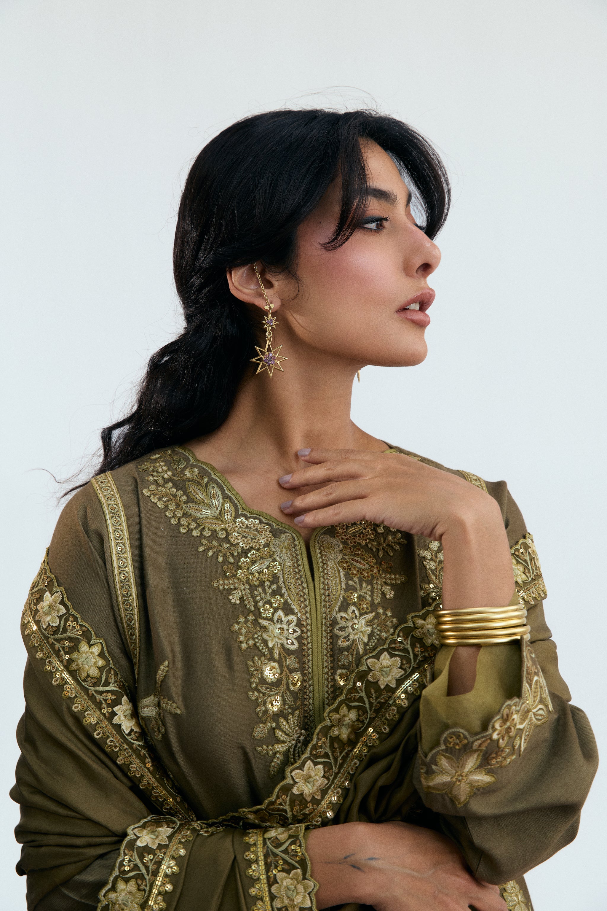 khaki three piece pakistani semi-formal wear - rayon kameez, pure silk dupatta and salwar