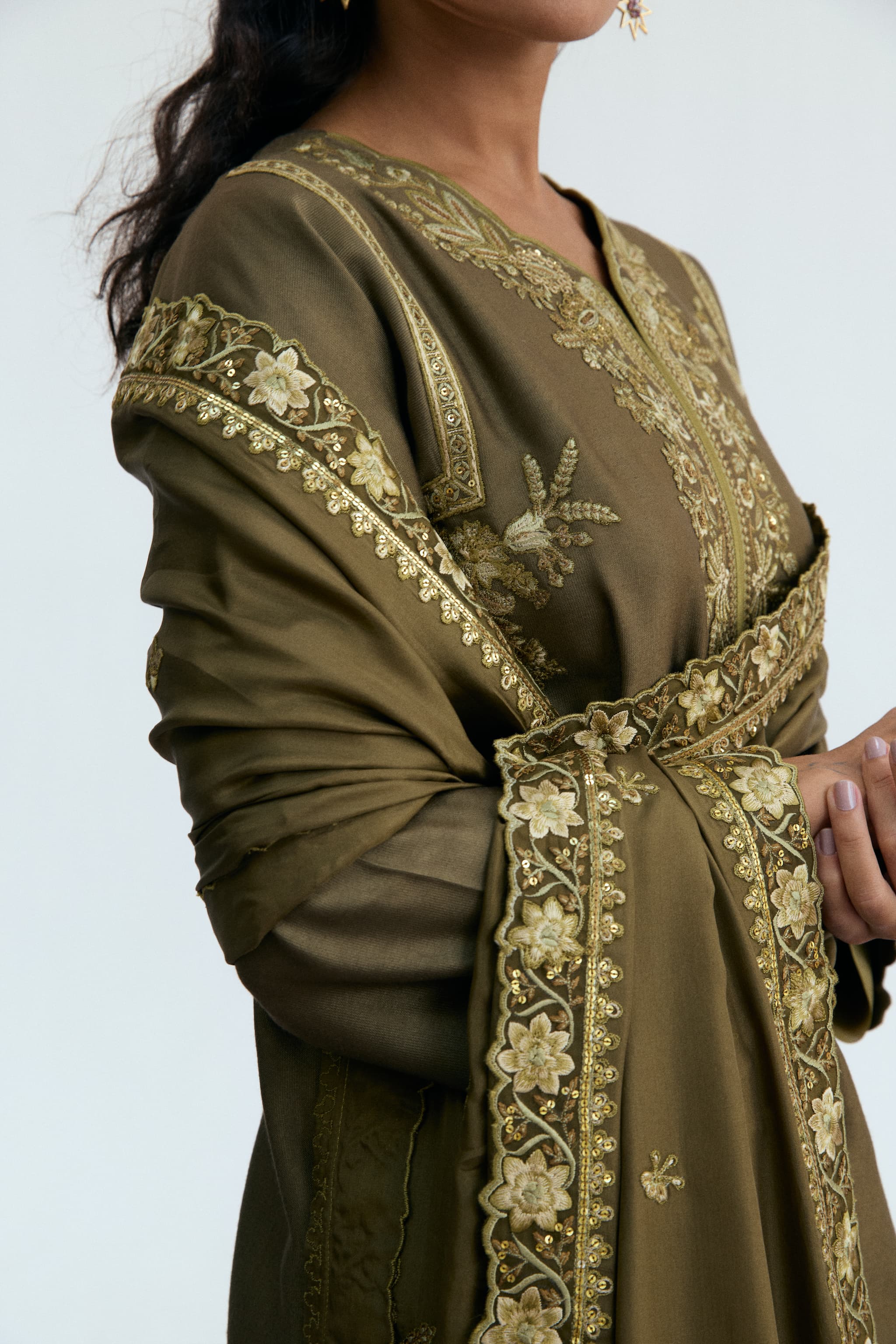 khaki three piece pakistani semi-formal wear - rayon kameez, pure silk dupatta and salwar