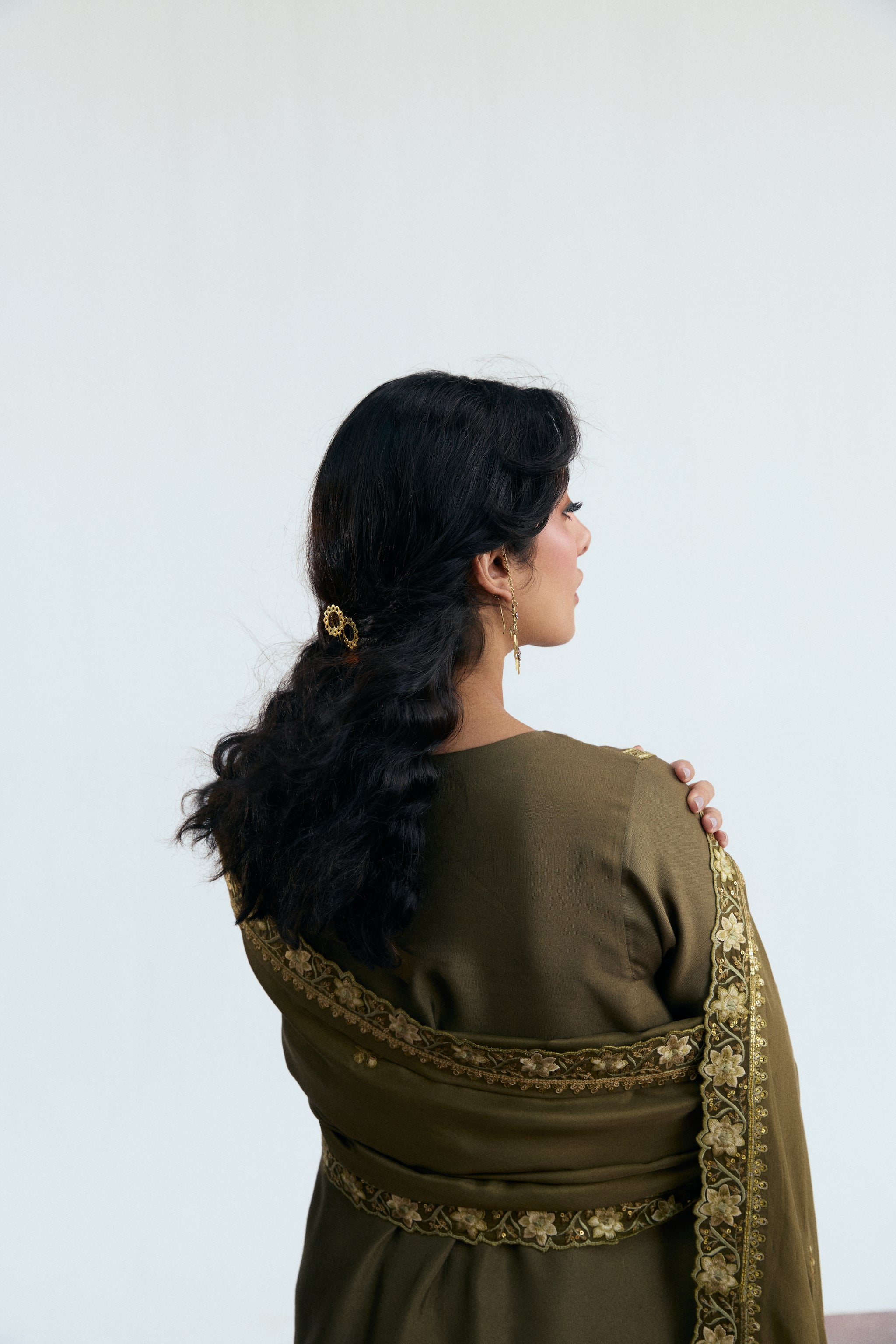 khaki three piece pakistani semi-formal wear - rayon kameez, pure silk dupatta and salwar