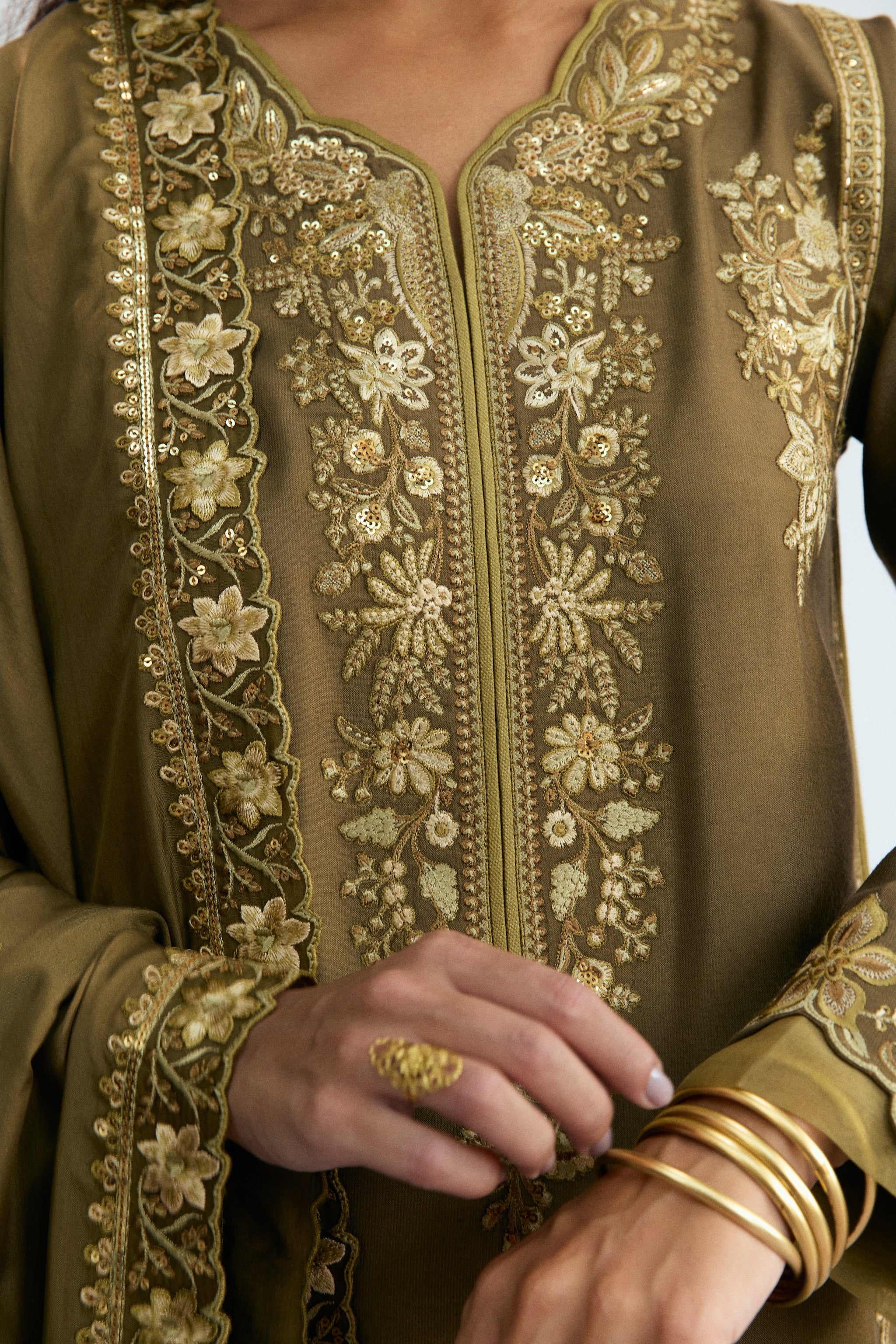 khaki three piece pakistani semi-formal wear - rayon kameez, pure silk dupatta and salwar