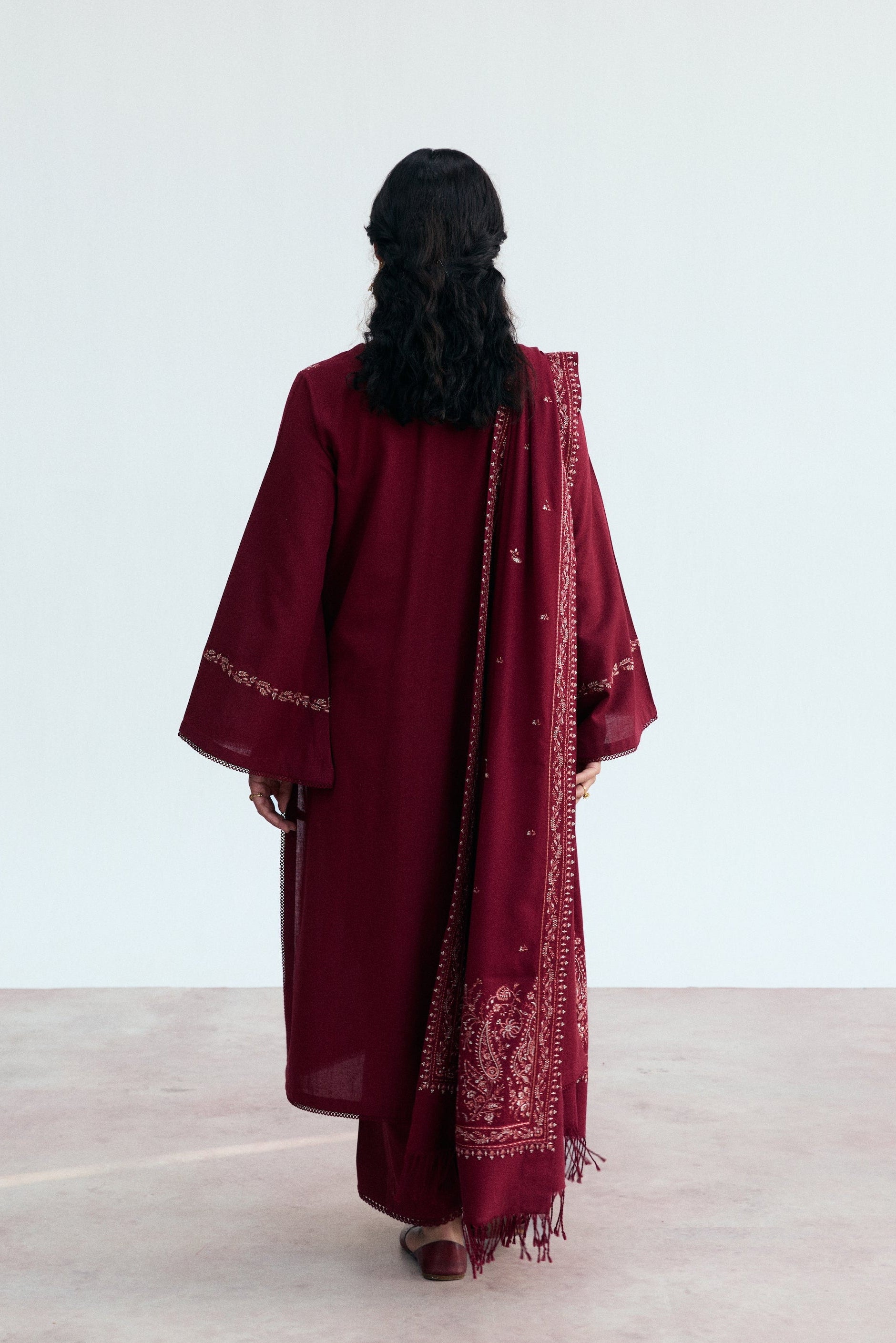 Premium red Khaddar winter ensemble for women – embroidered kameez, straight trousers, and detailed shawl for casual & semi-formal occasions