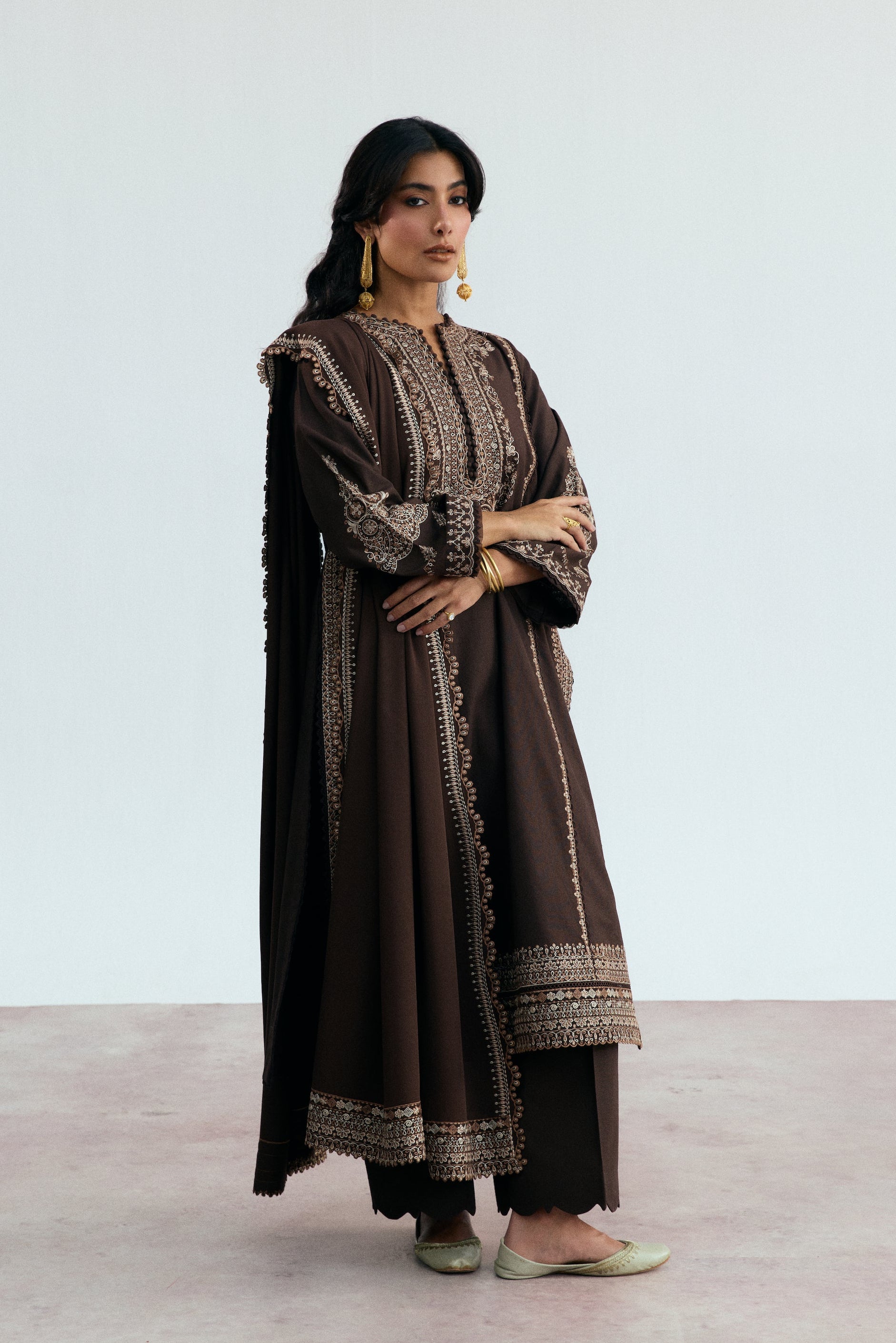 Women’s winter khaddar three - piece in deep brown with premium embroidery – Pakistani winter collection