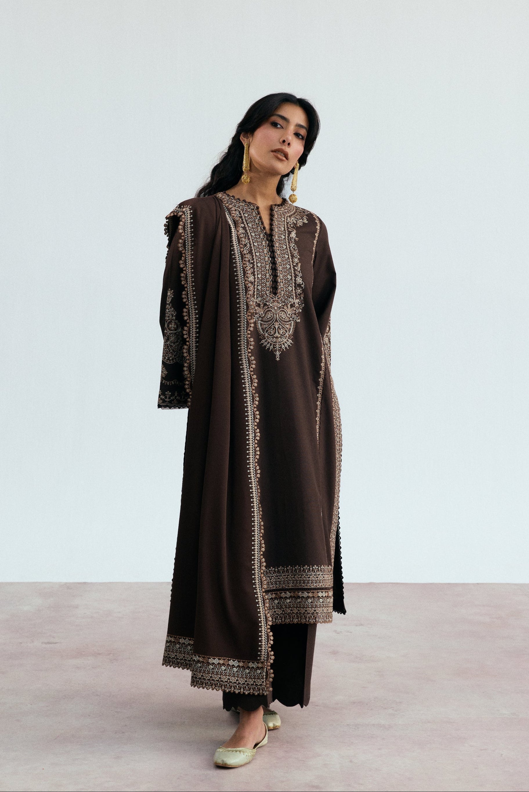 Women’s winter khaddar three - piece in deep brown with premium embroidery – Pakistani winter collection
