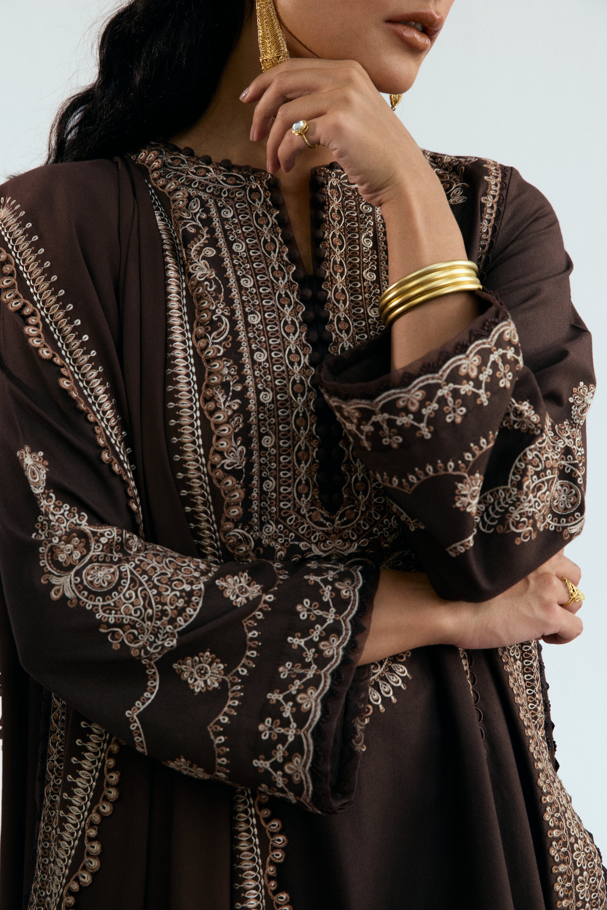 Women’s winter khaddar three - piece in deep brown with premium embroidery – Pakistani winter collection