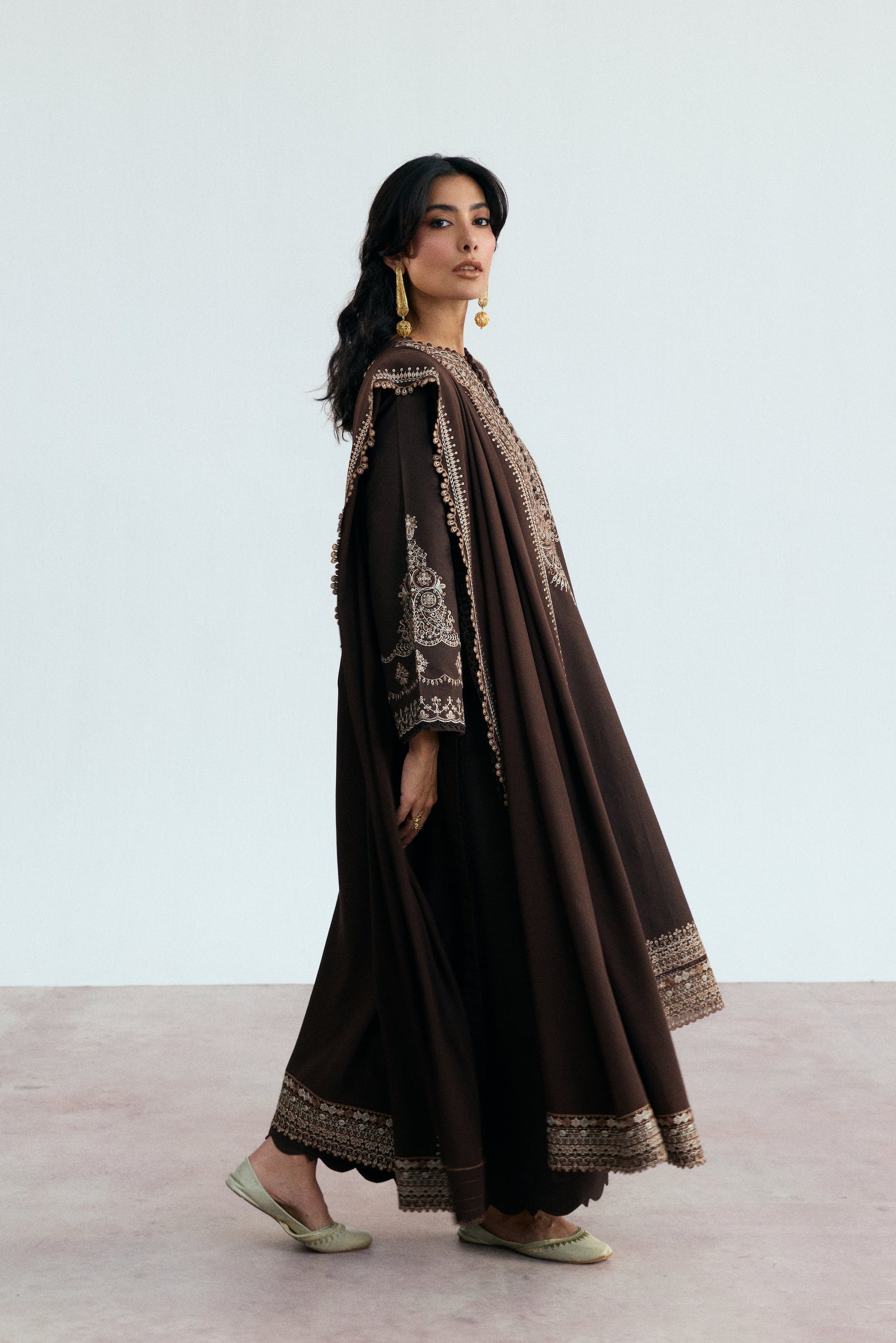 Women’s winter khaddar three - piece in deep brown with premium embroidery – Pakistani winter collection