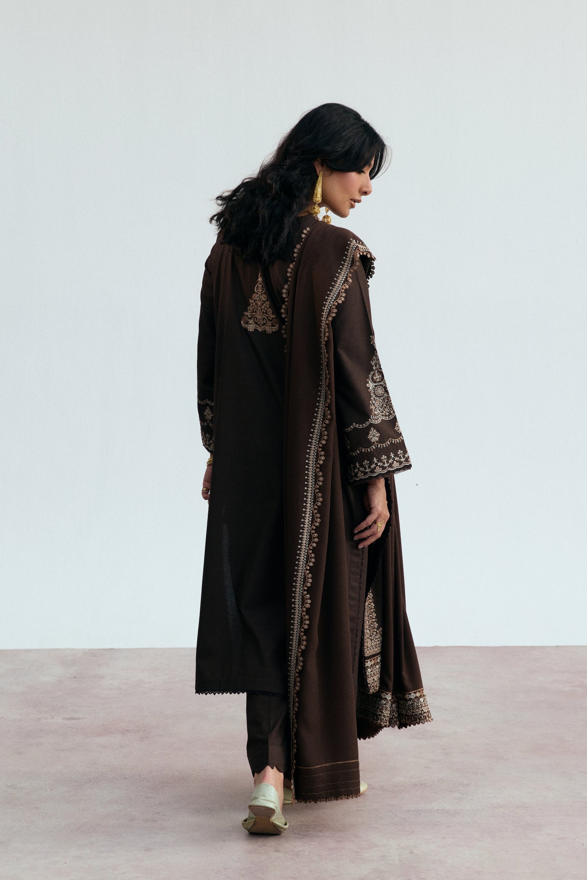 Women’s winter khaddar three - piece in deep brown with premium embroidery – Pakistani winter collection