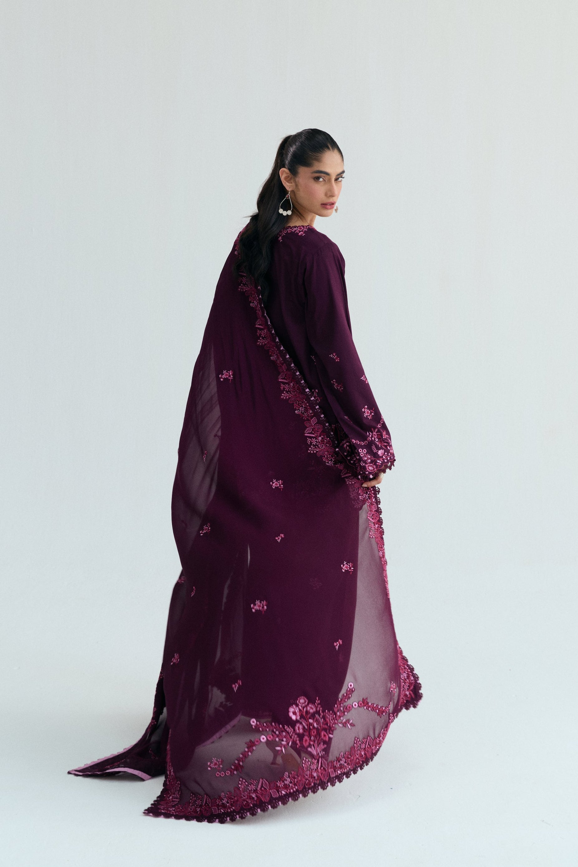 Deep plum Pakistani casual outfit with square neckline, embroidered Farshi shalwar, and detailed dupatta