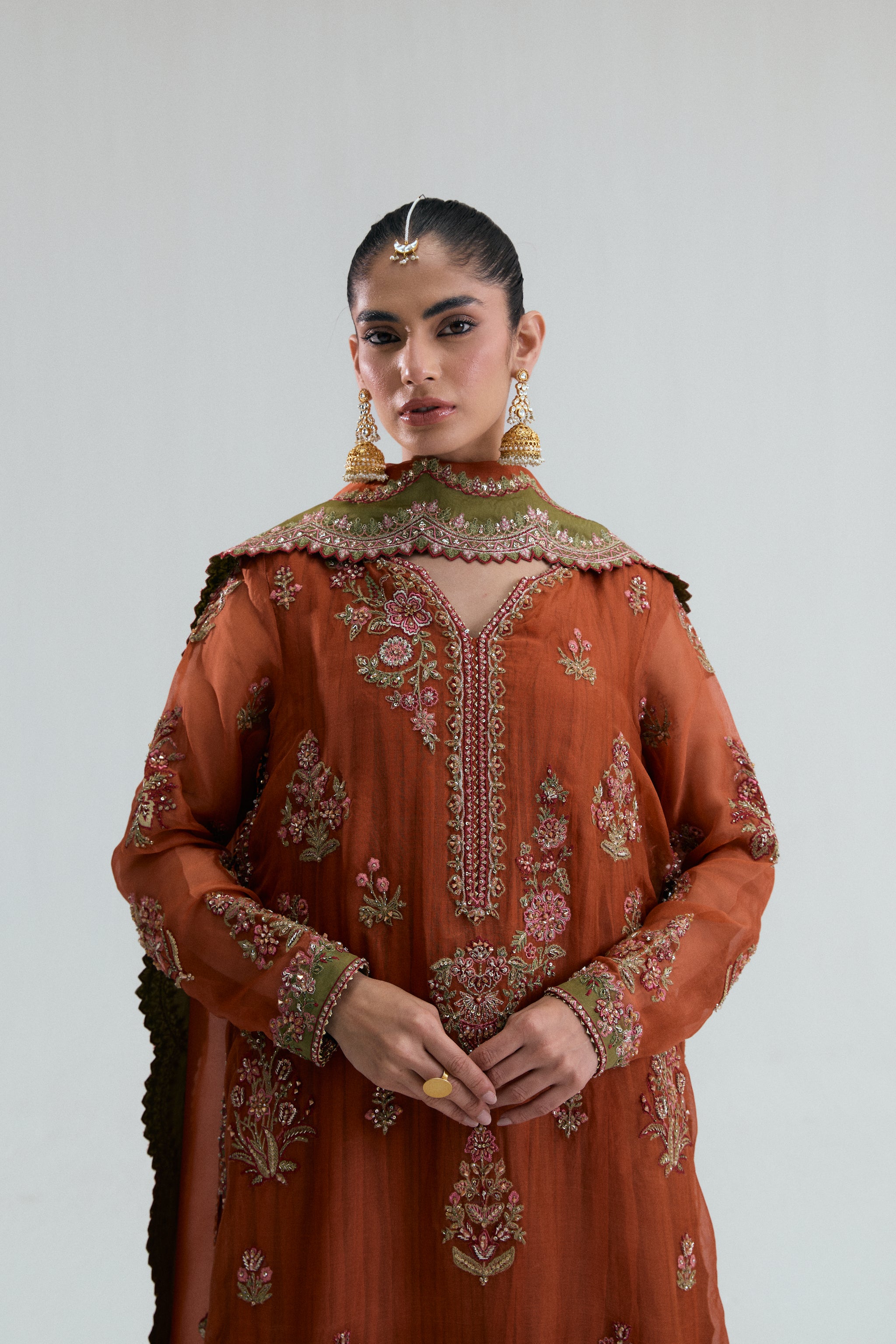 burnt orange pakistani formal wear