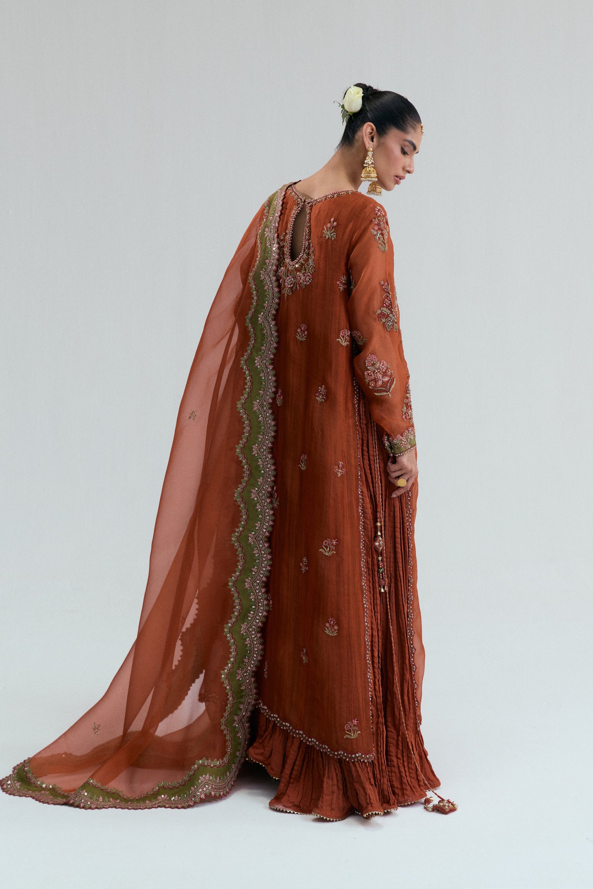 burnt orange pakistani formal wear