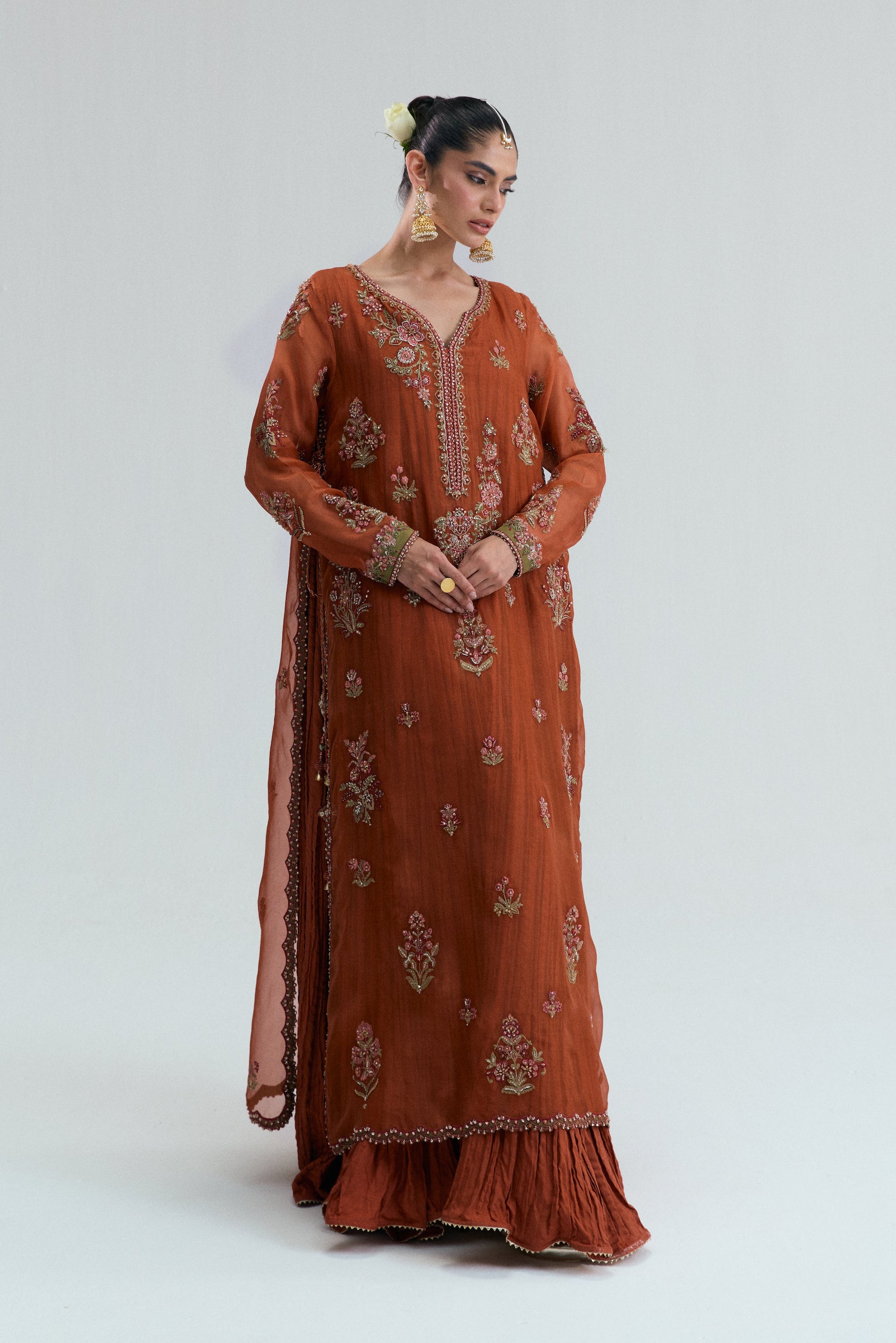 burnt orange pakistani formal wear