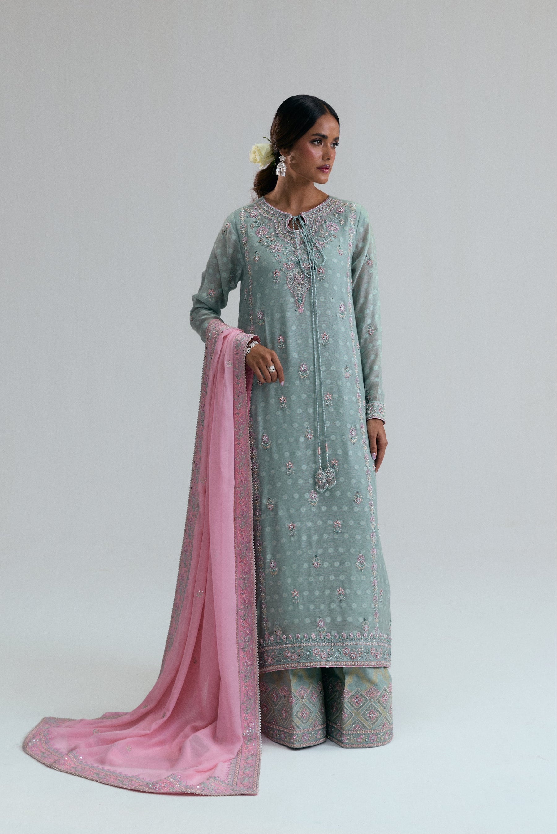 Pakistani formal wear kameez ensemble in ice blue jacquard khadi net,