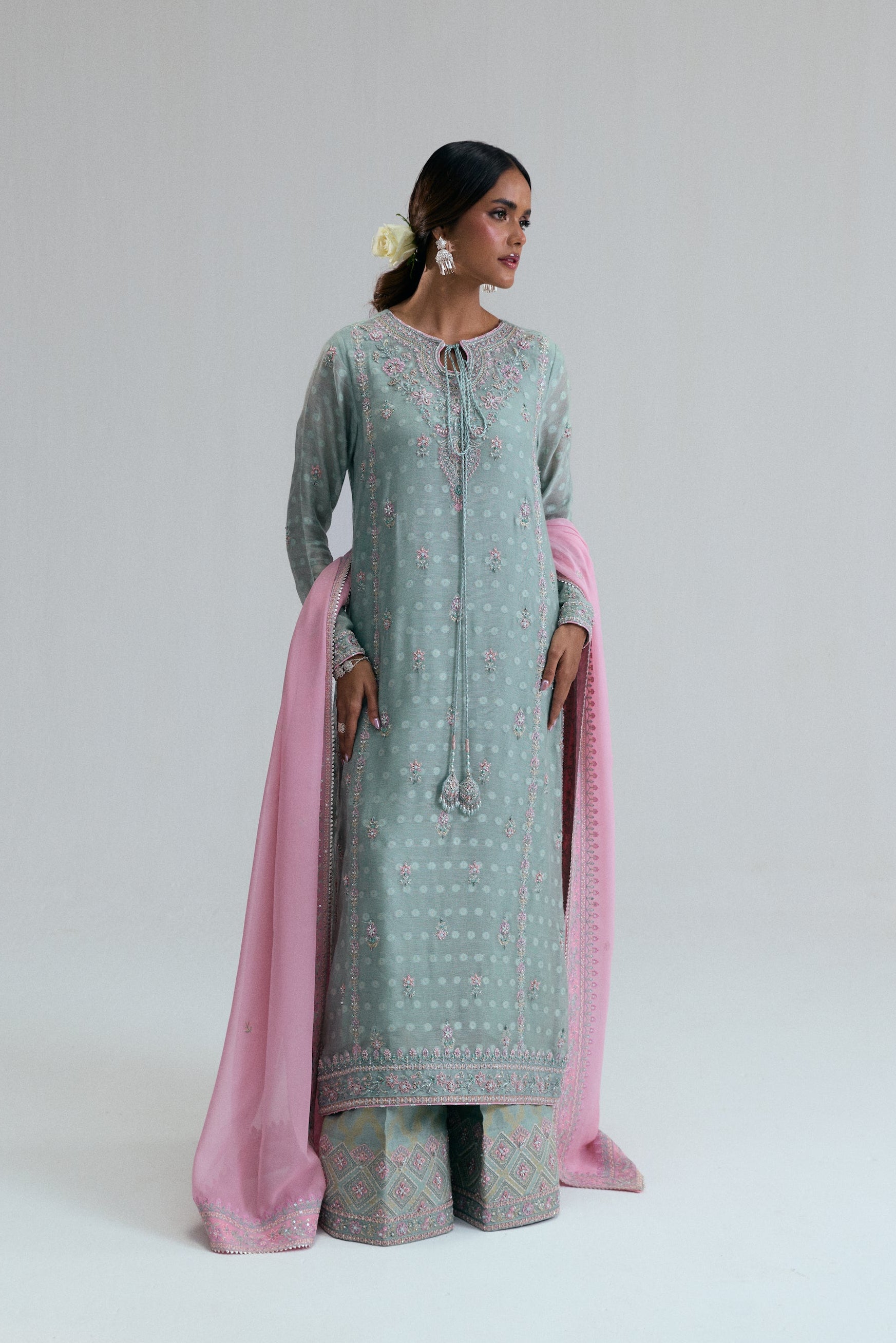 Pakistani formal wear kameez ensemble in ice blue jacquard khadi net,