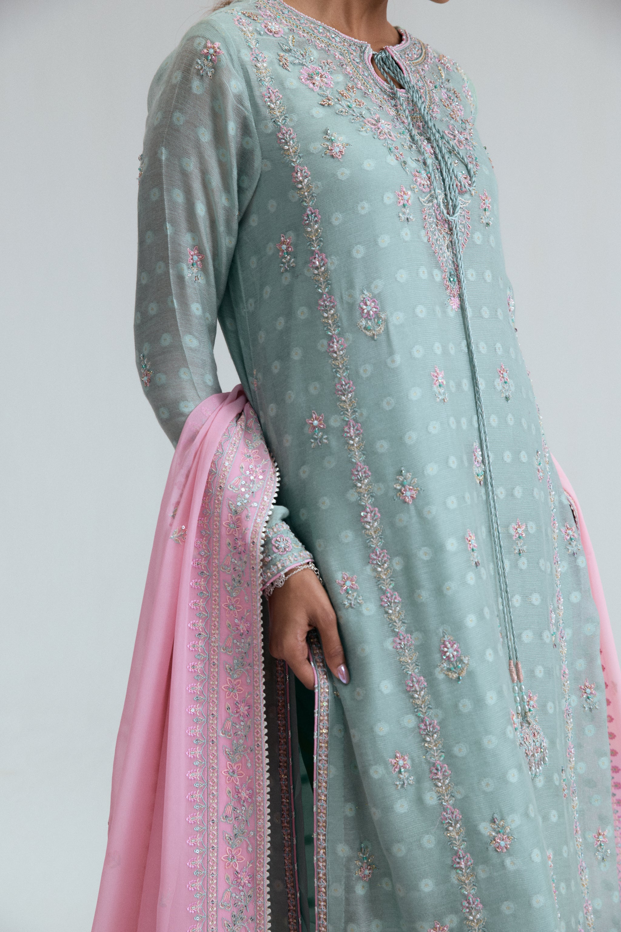 Pakistani formal wear kameez ensemble in ice blue jacquard khadi net,