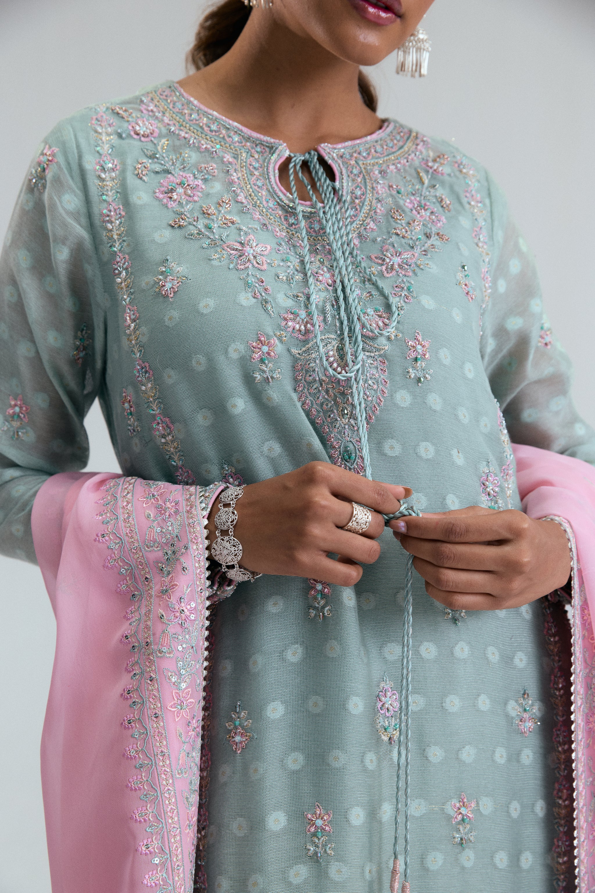 Pakistani formal wear kameez ensemble in ice blue jacquard khadi net,