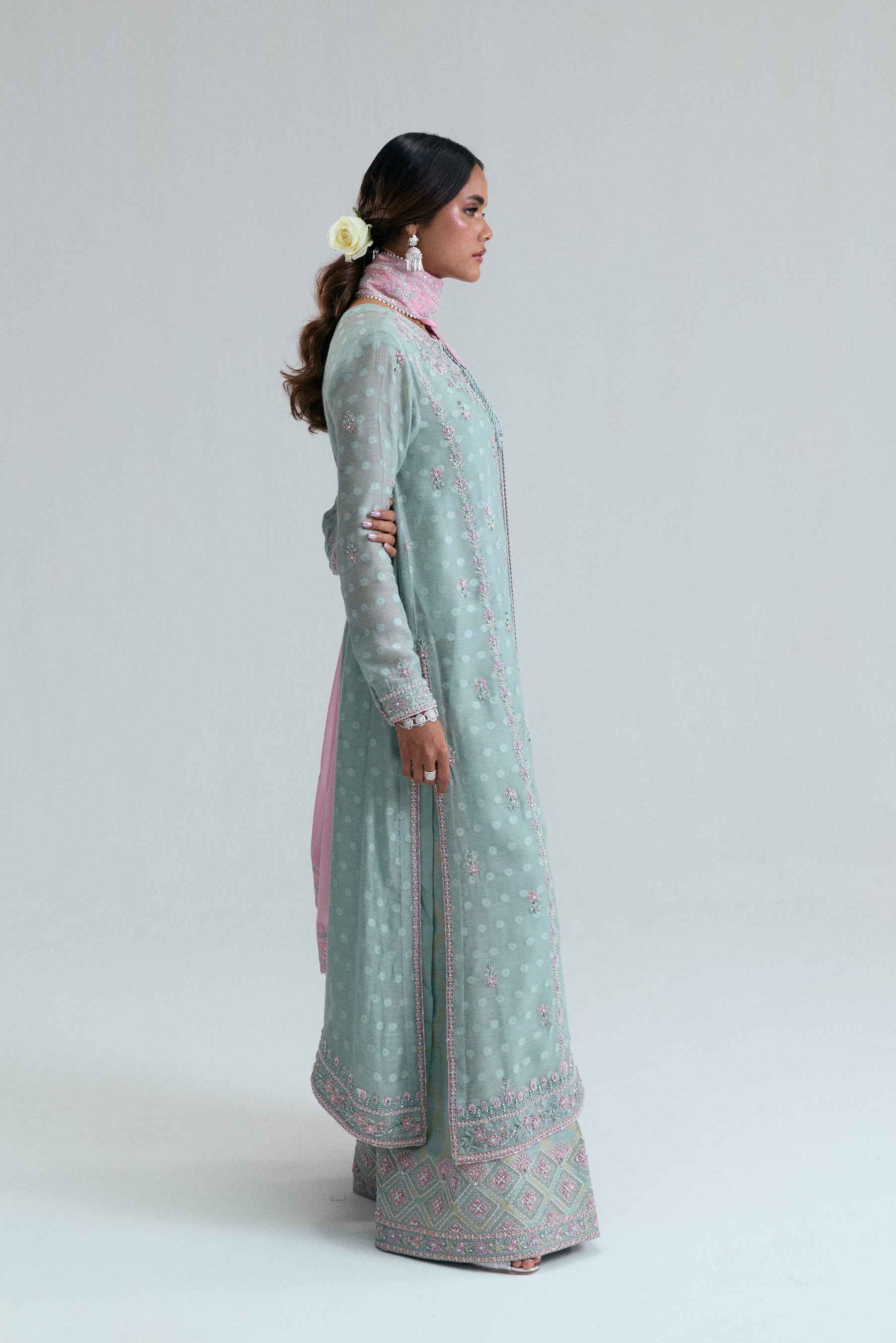 Pakistani formal wear kameez ensemble in ice blue jacquard khadi net,