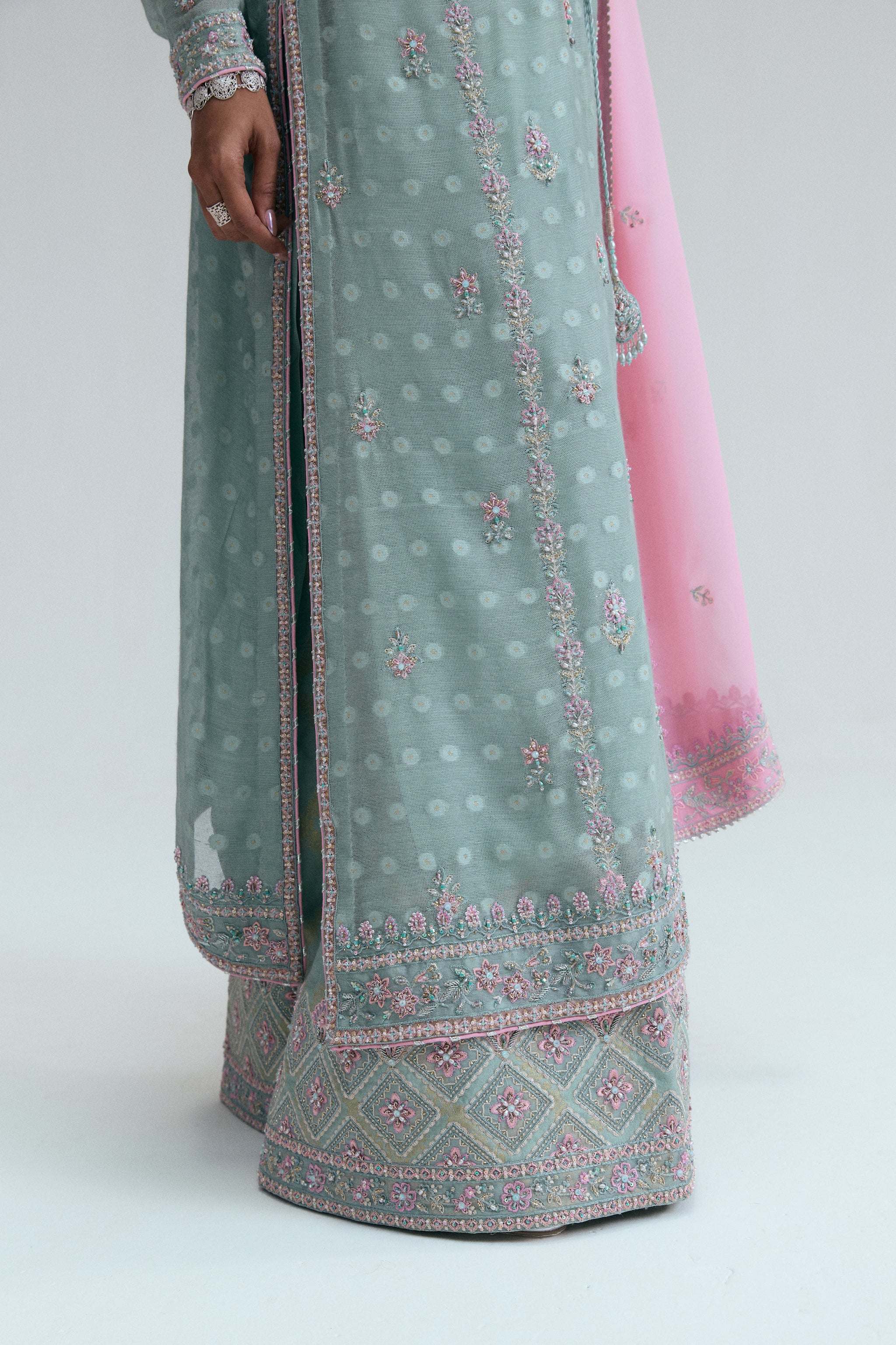 Pakistani formal wear kameez ensemble in ice blue jacquard khadi net,