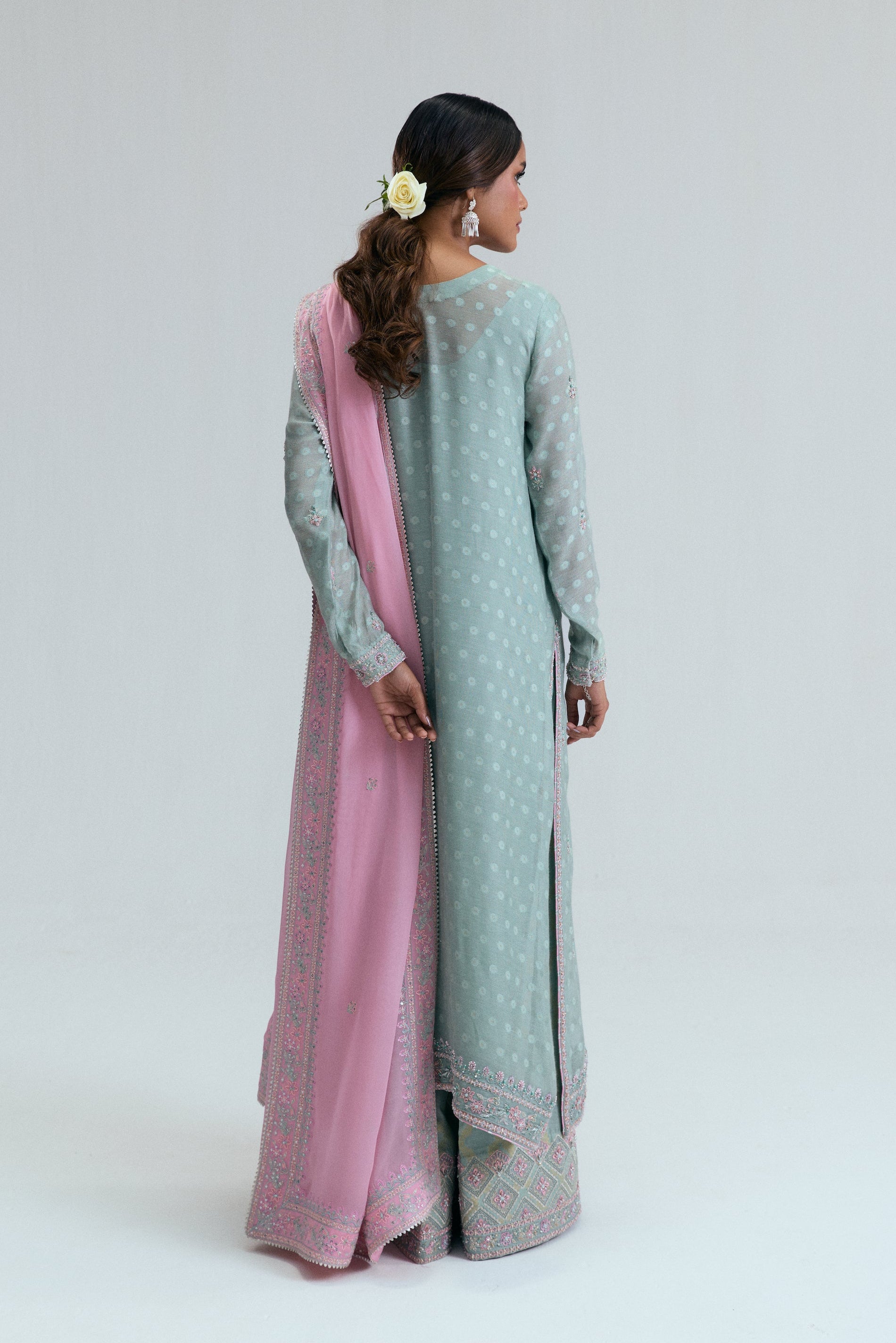 Pakistani formal wear kameez ensemble in ice blue jacquard khadi net,