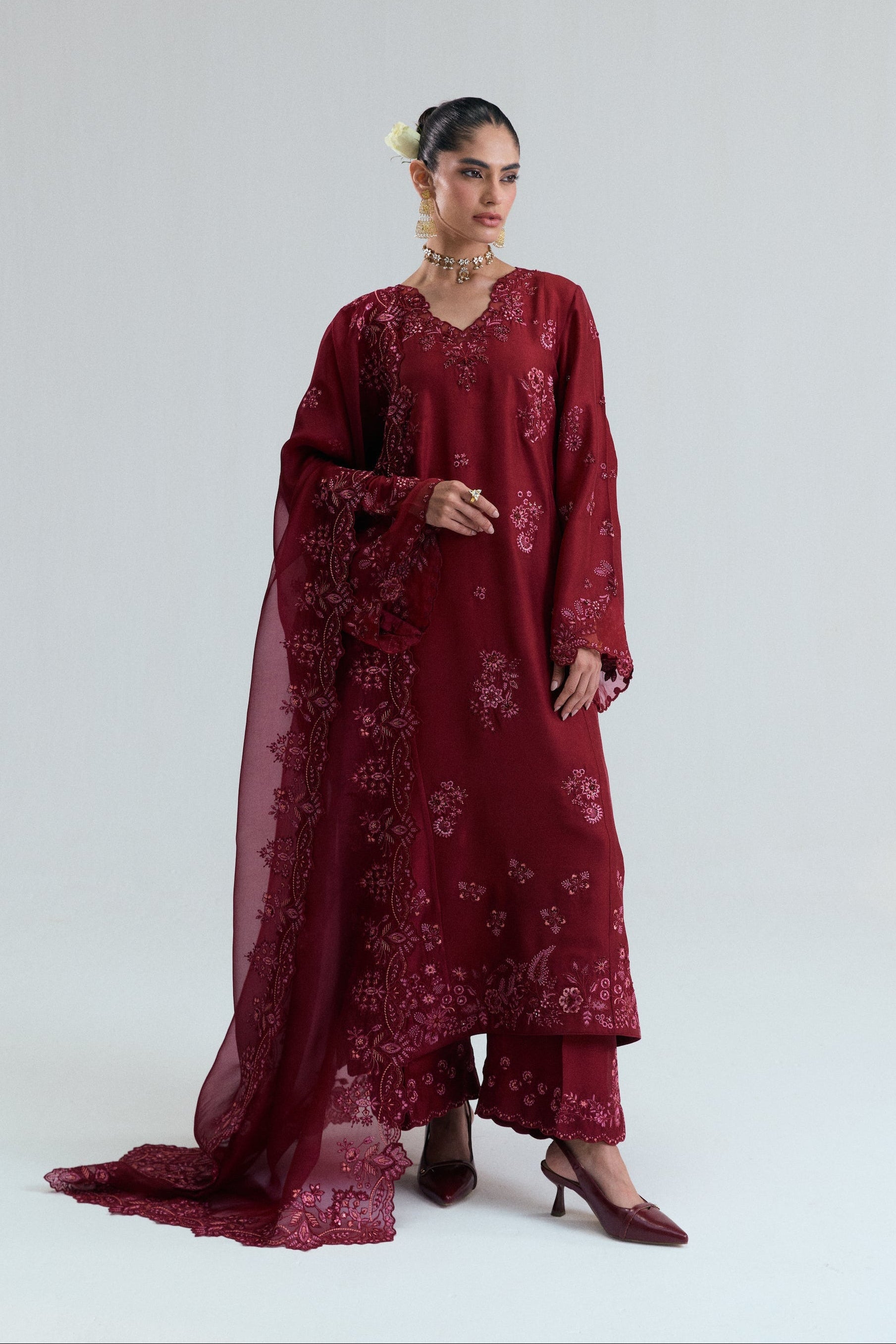 Maroon raw silk kameez with floral threadwork, sequins, beads and metallic accents