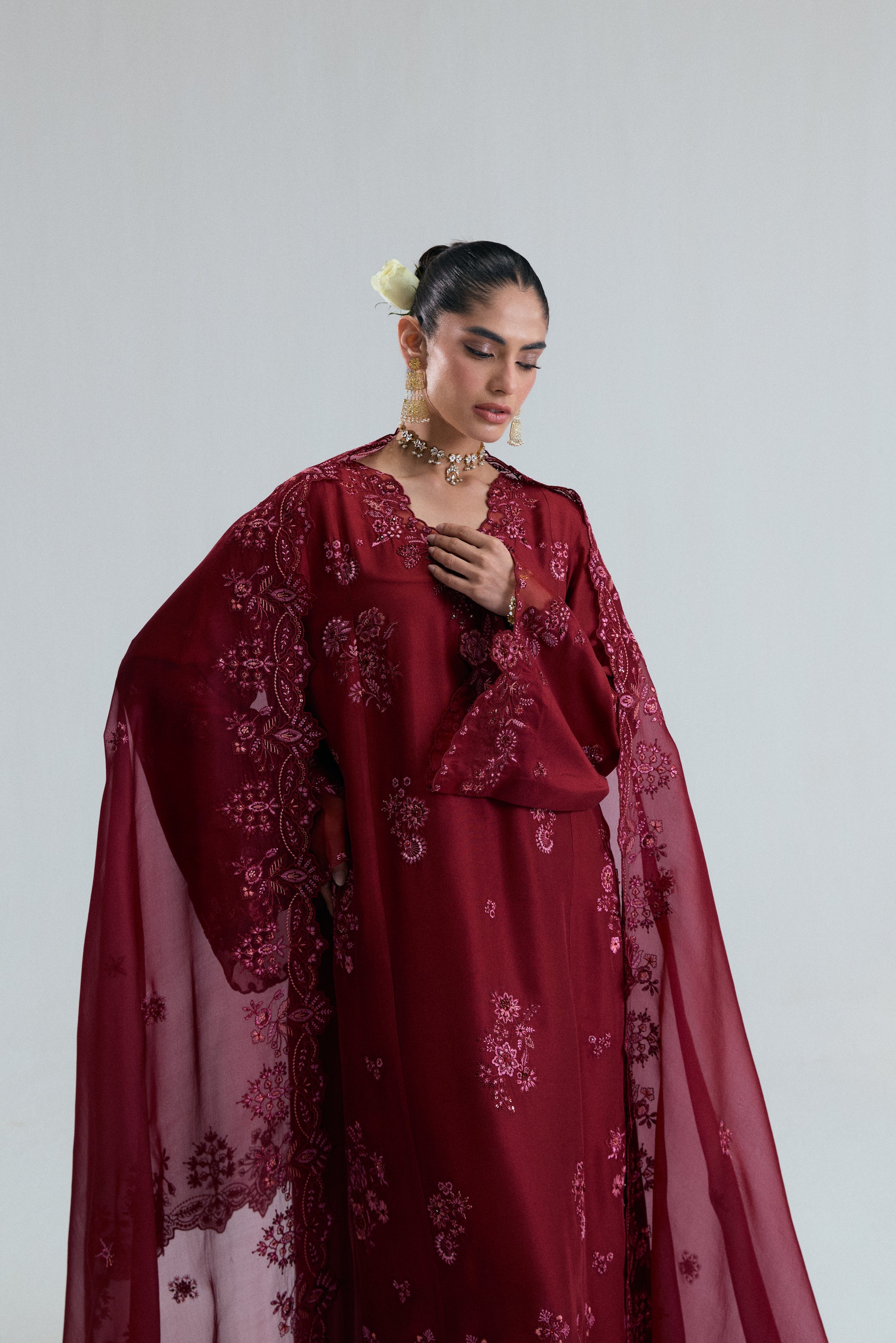 Maroon raw silk kameez with floral threadwork, sequins, beads and metallic accents