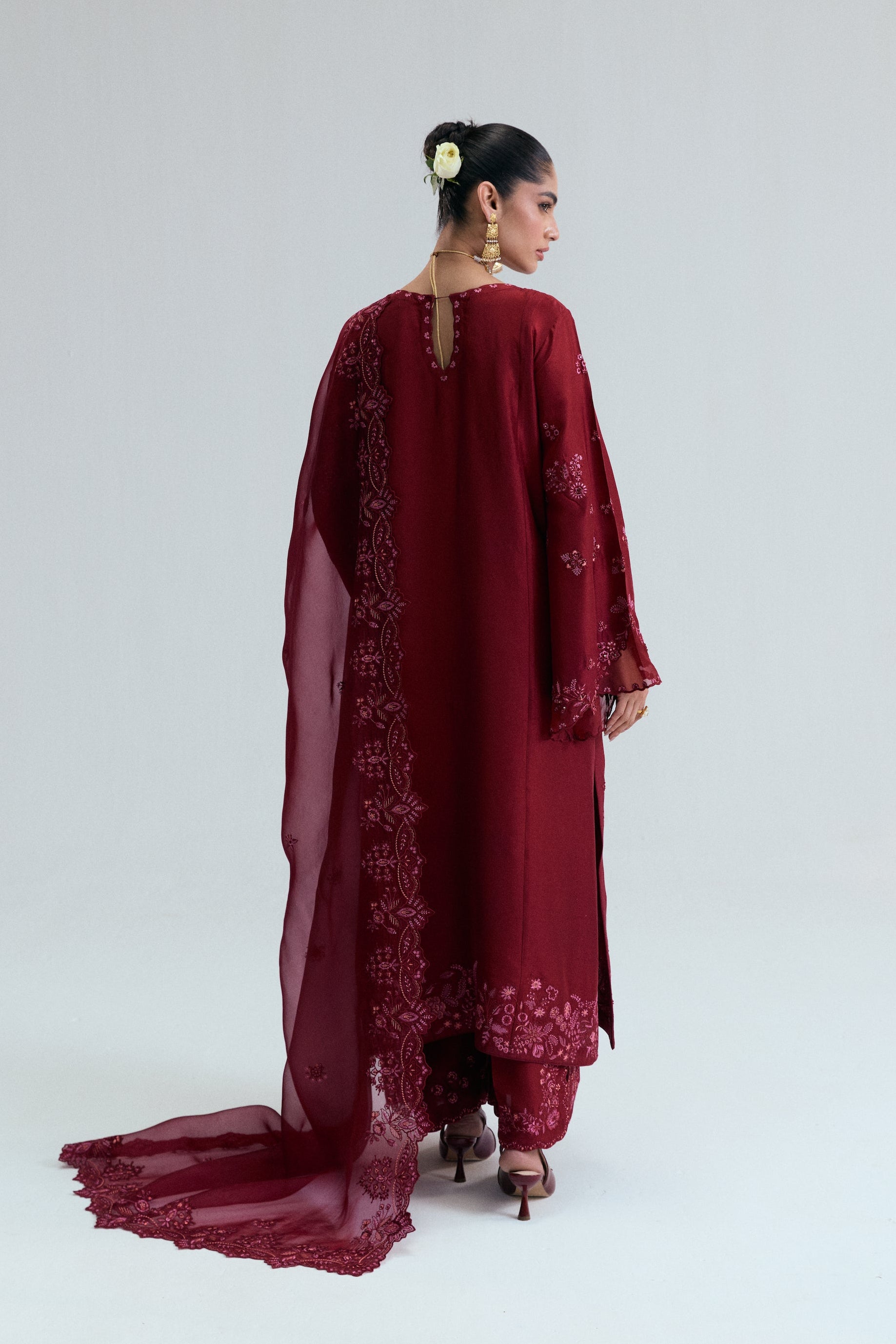 Maroon raw silk kameez with floral threadwork, sequins, beads and metallic accents