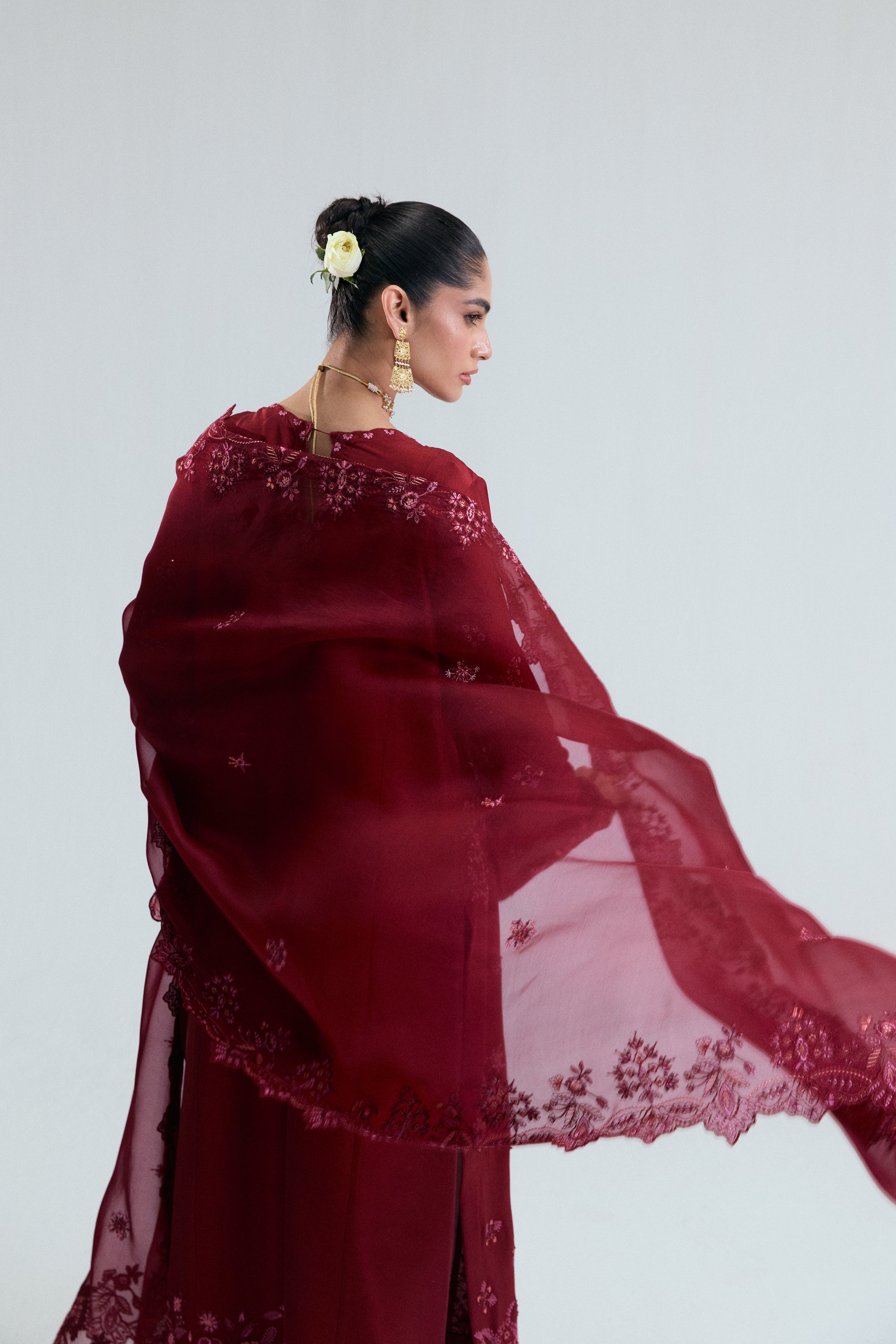 Maroon raw silk kameez with floral threadwork, sequins, beads and metallic accents