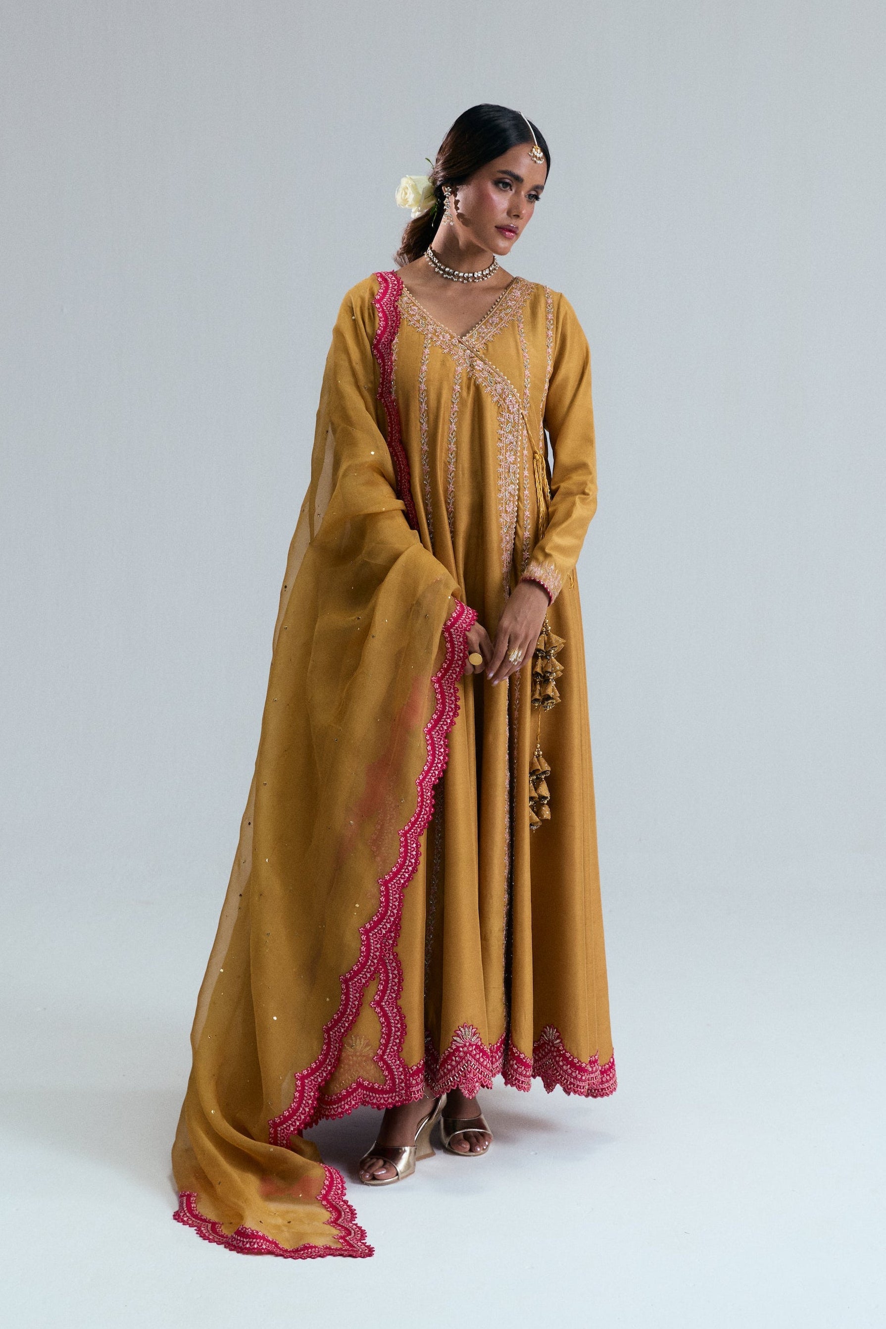Pakistani formal wear Kalidaar Angrakha frock crafted in luxurious silk and organza