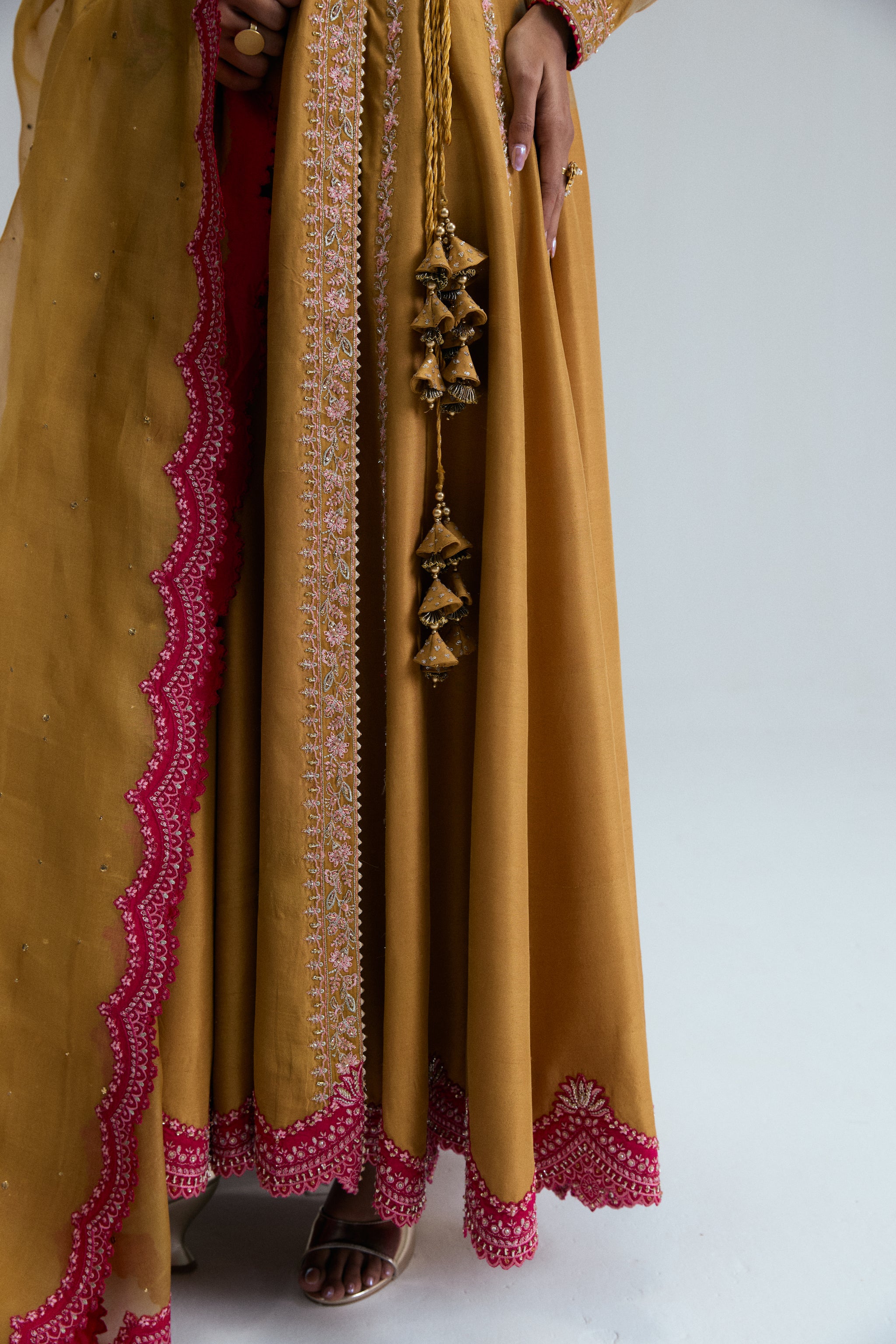 Pakistani formal wear Kalidaar Angrakha frock crafted in luxurious silk and organza