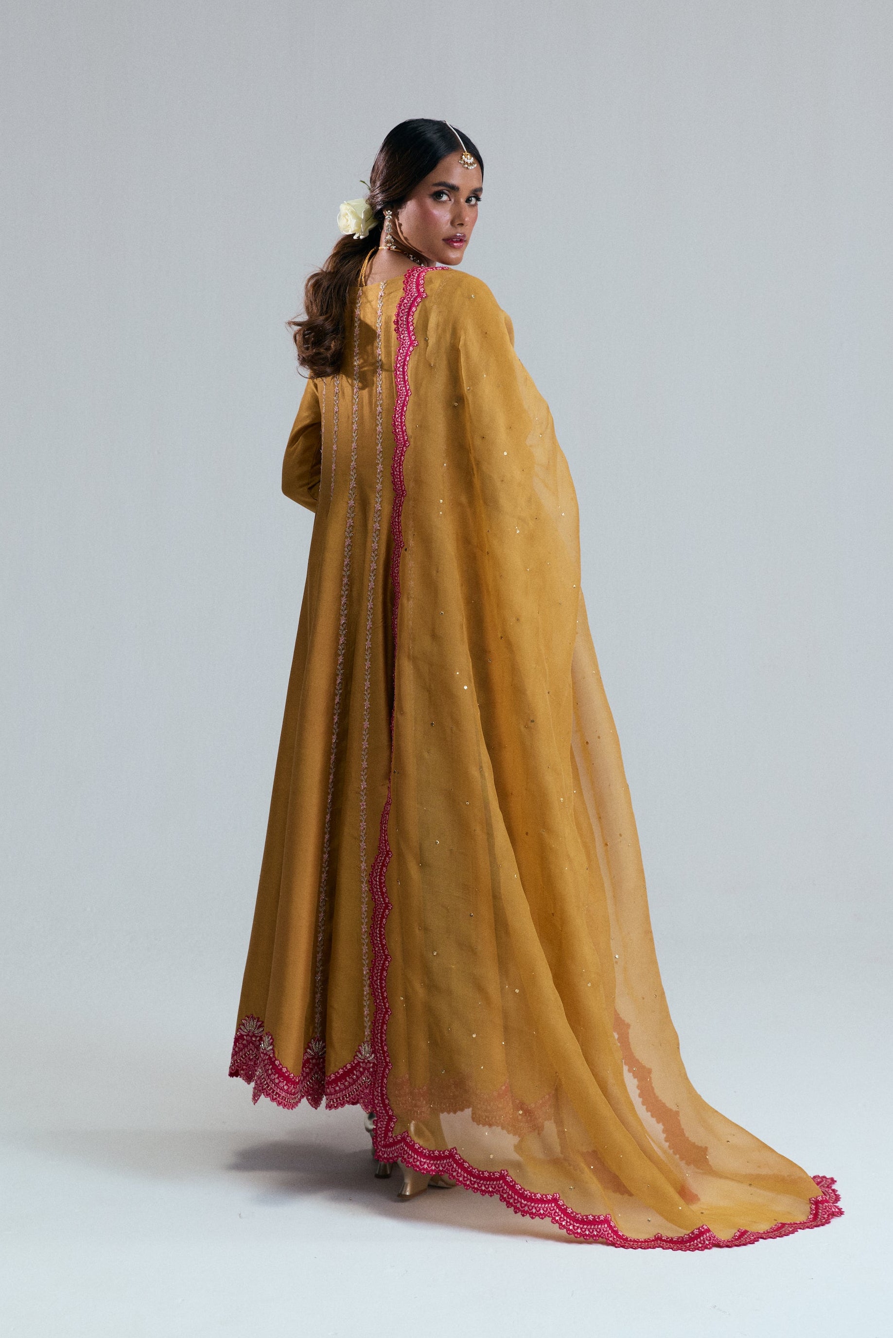 Pakistani formal wear Kalidaar Angrakha mustard yellow frock crafted in luxurious silk and organza