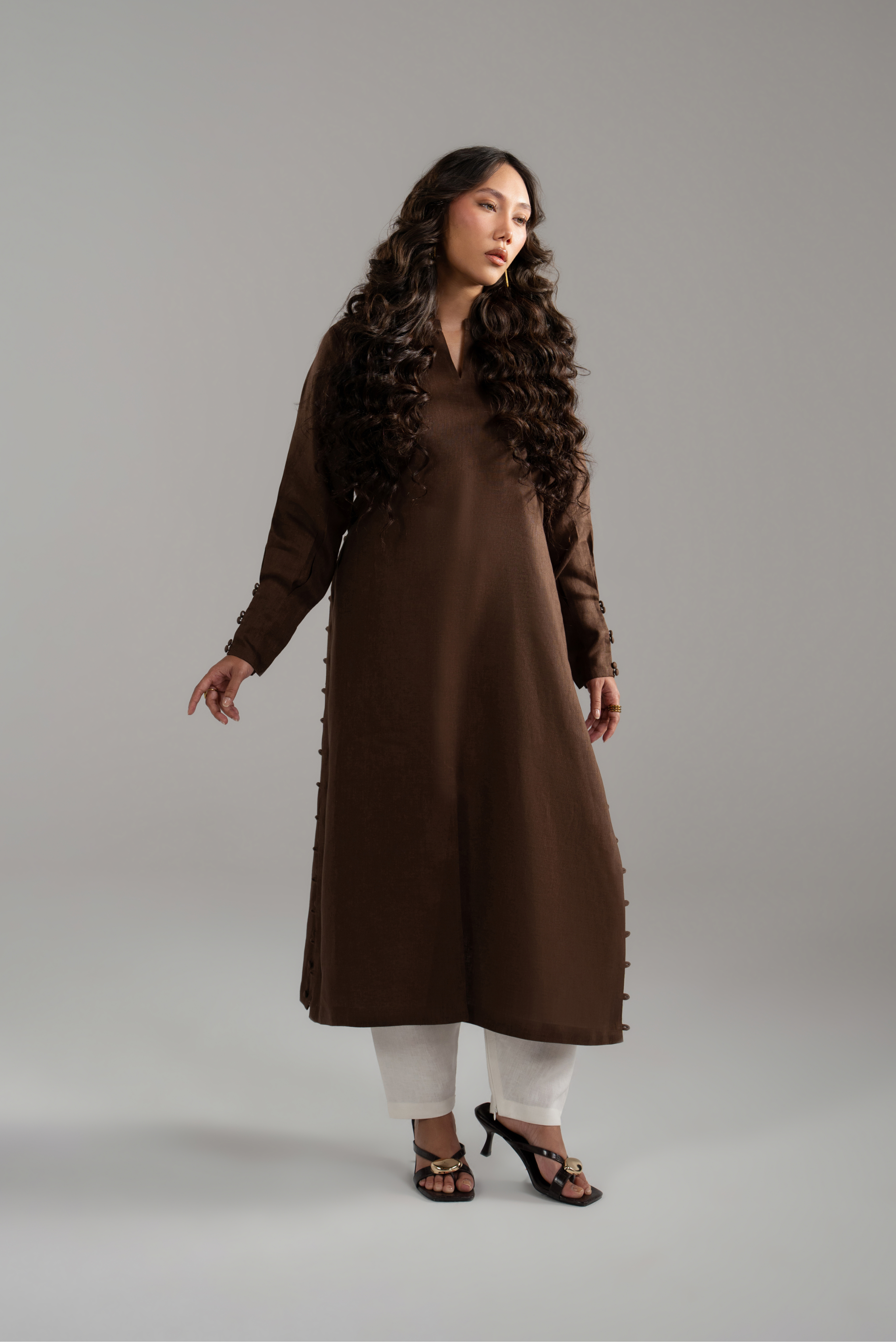 Brown Longline Button Detail Set