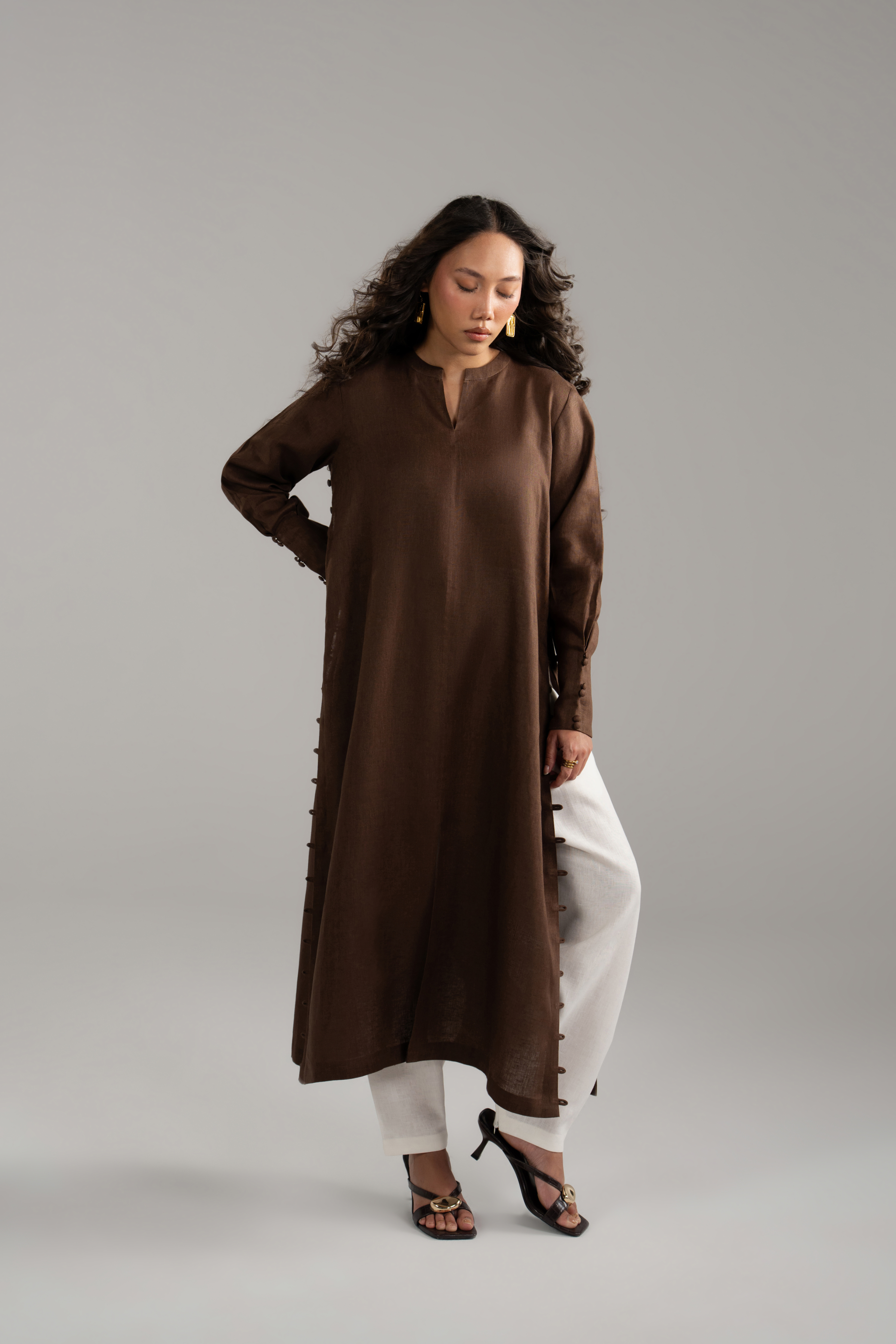 Brown Longline Button Detail Set