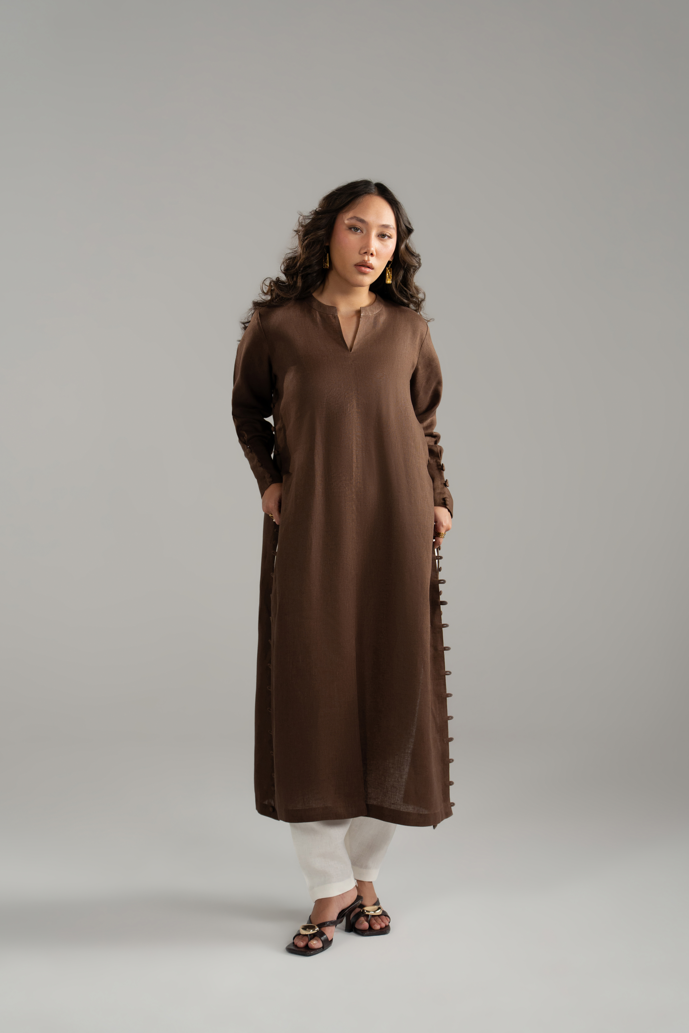 Brown Longline Button Detail Set