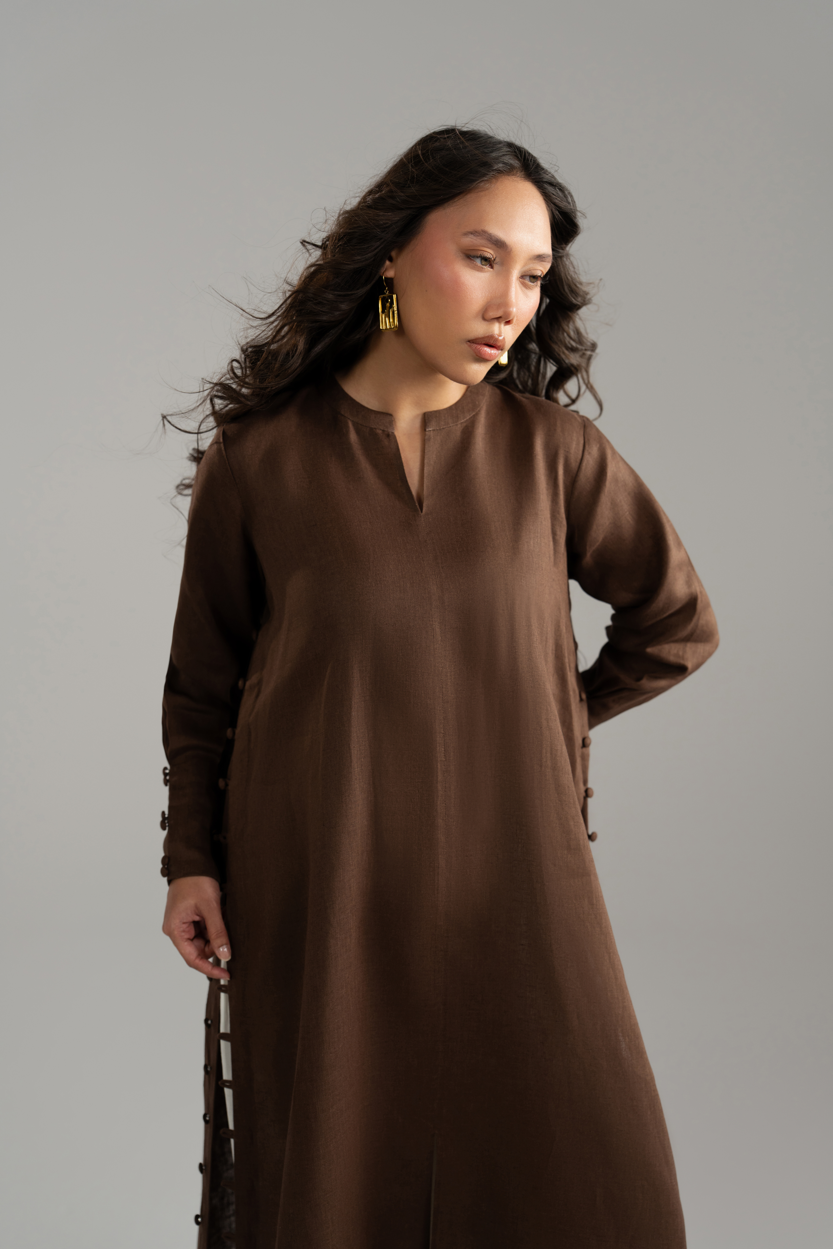 Brown Longline Button Detail Set