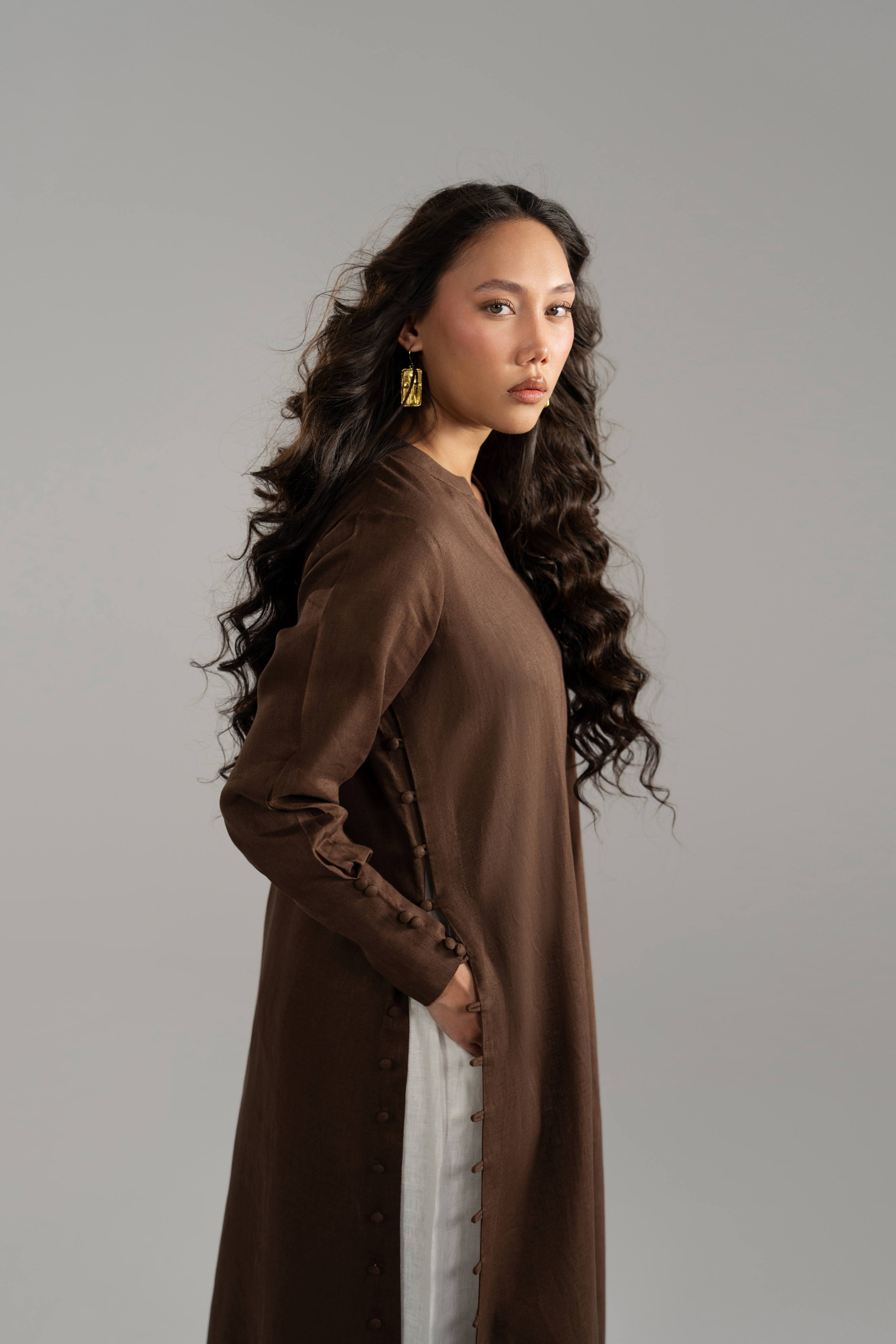 Brown Longline Button Detail Set
