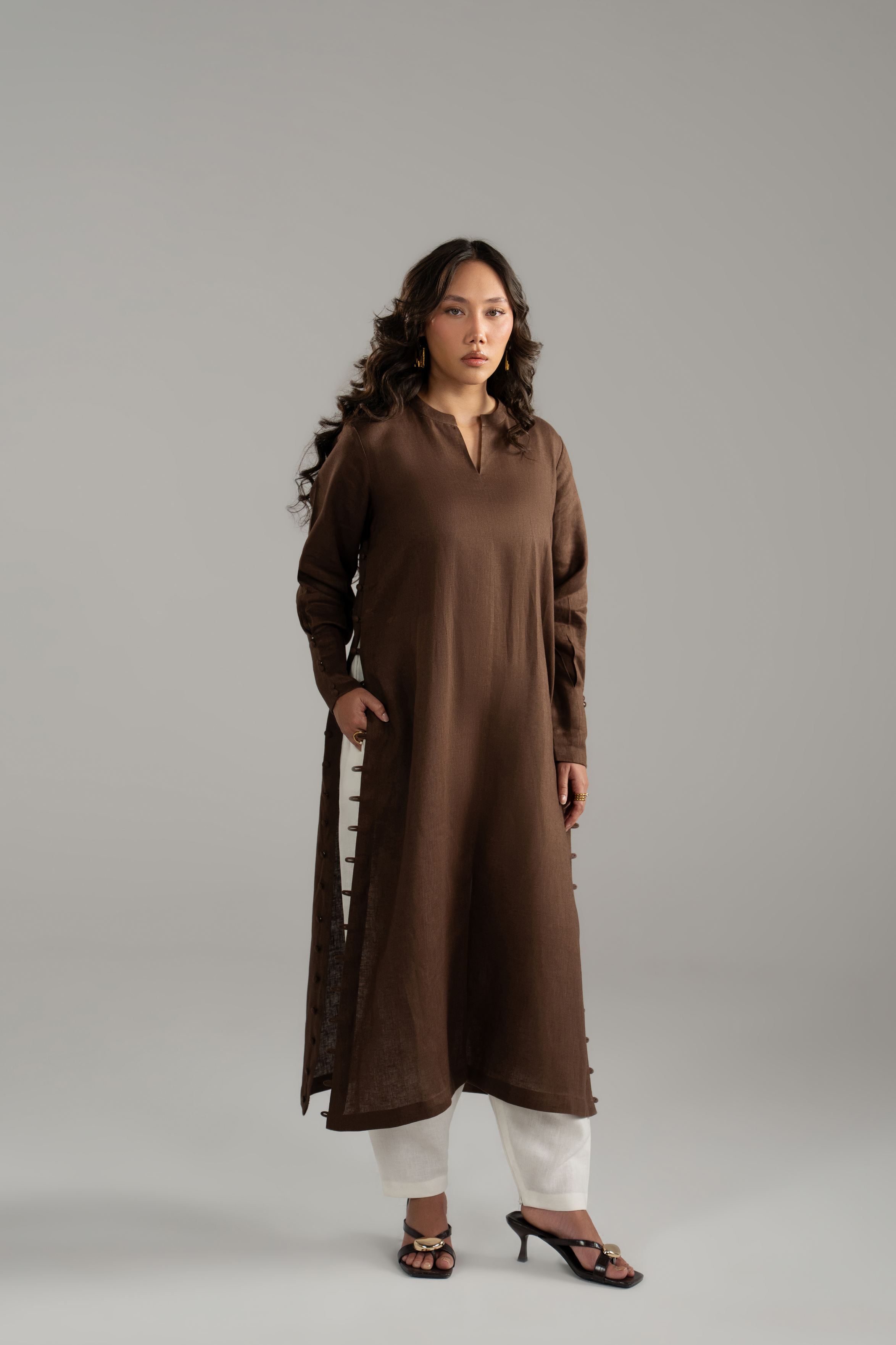 Brown Longline Button Detail Set