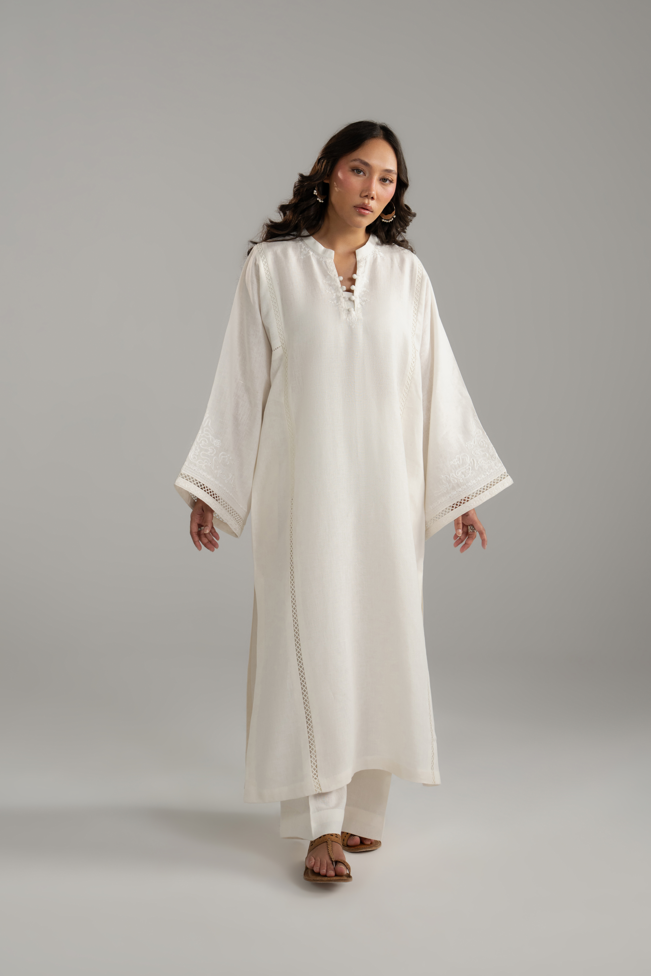 Long Embroidered Shirt with Lace Inserts
