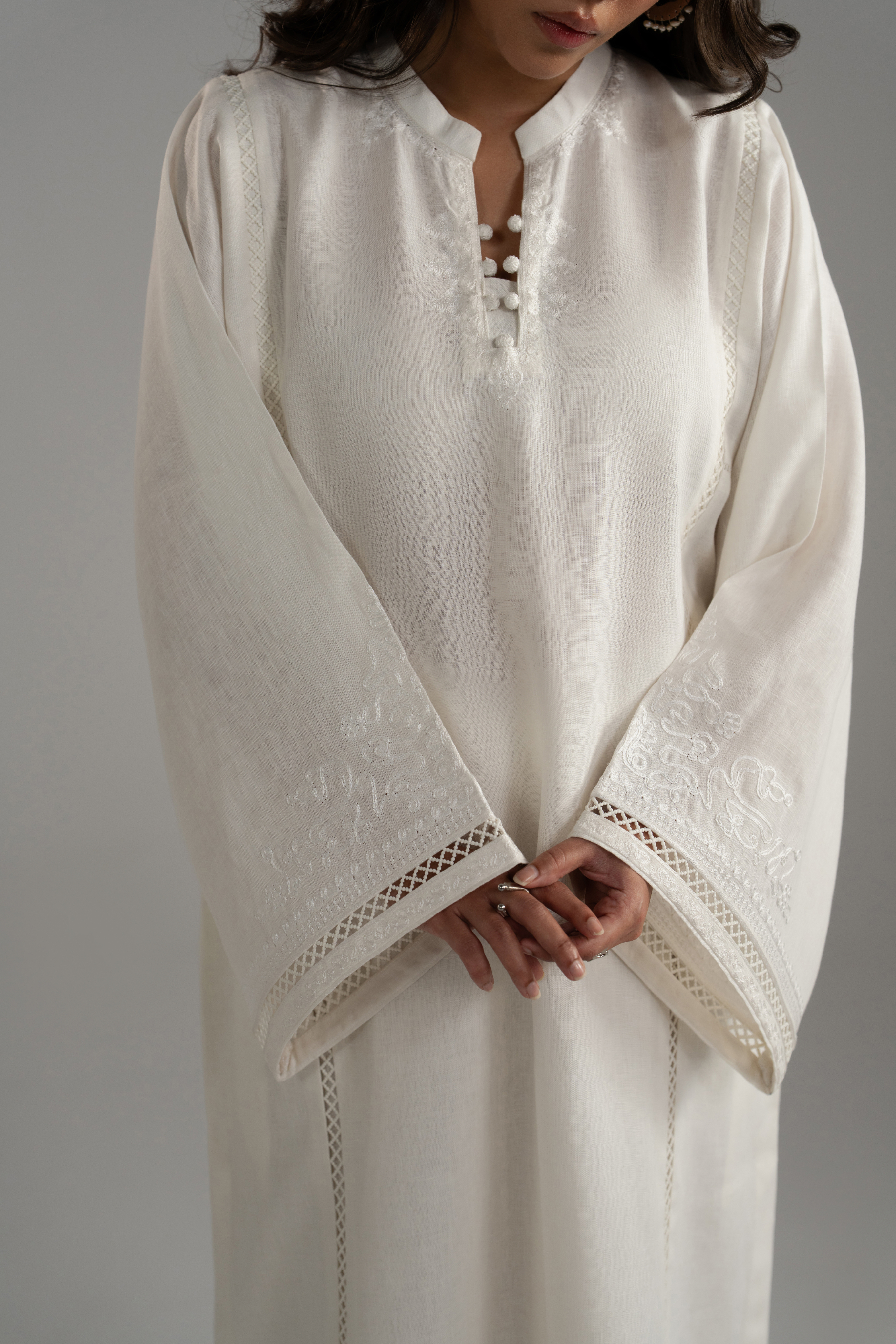 Long Embroidered Shirt with Lace Inserts