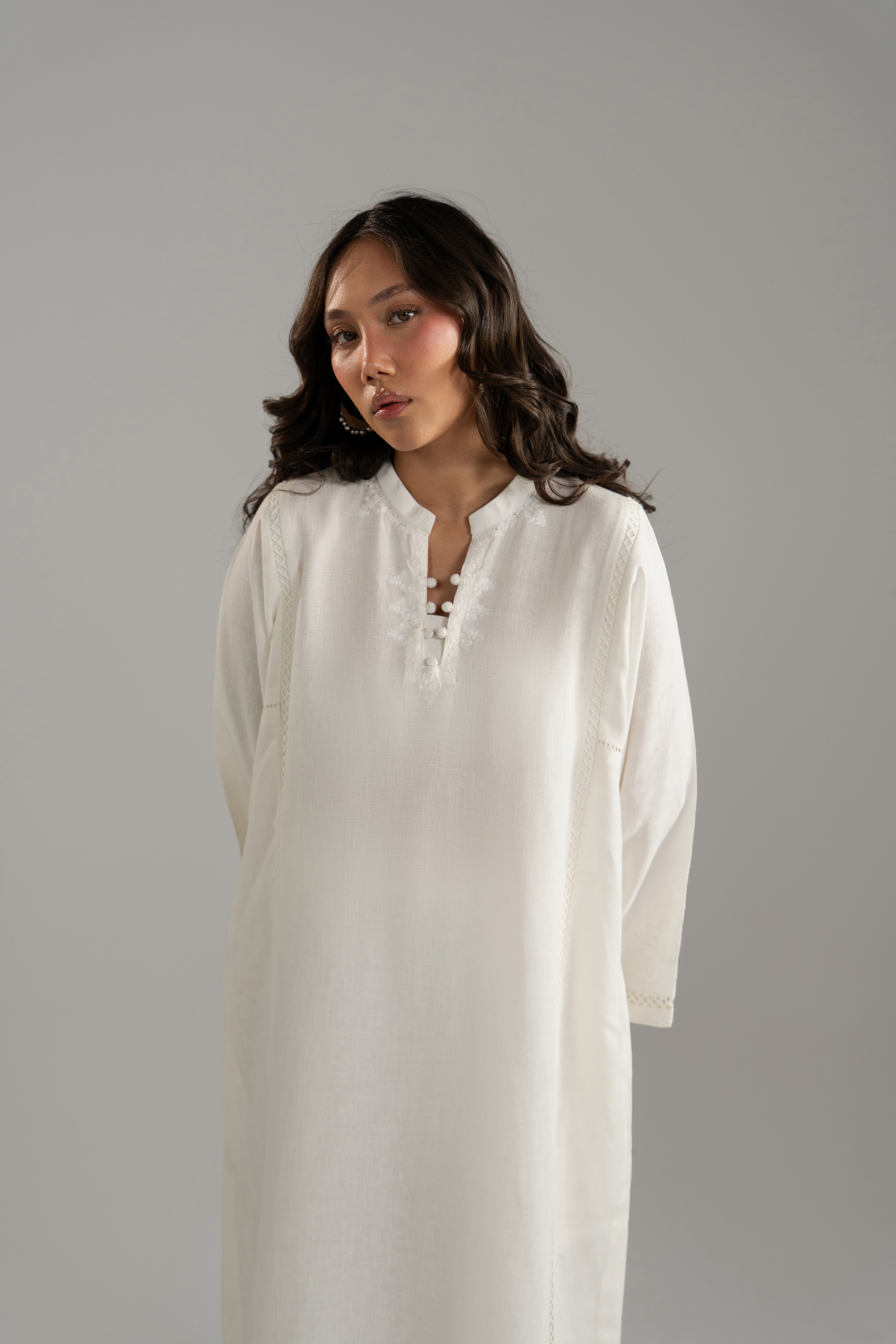 Long Embroidered Shirt with Lace Inserts