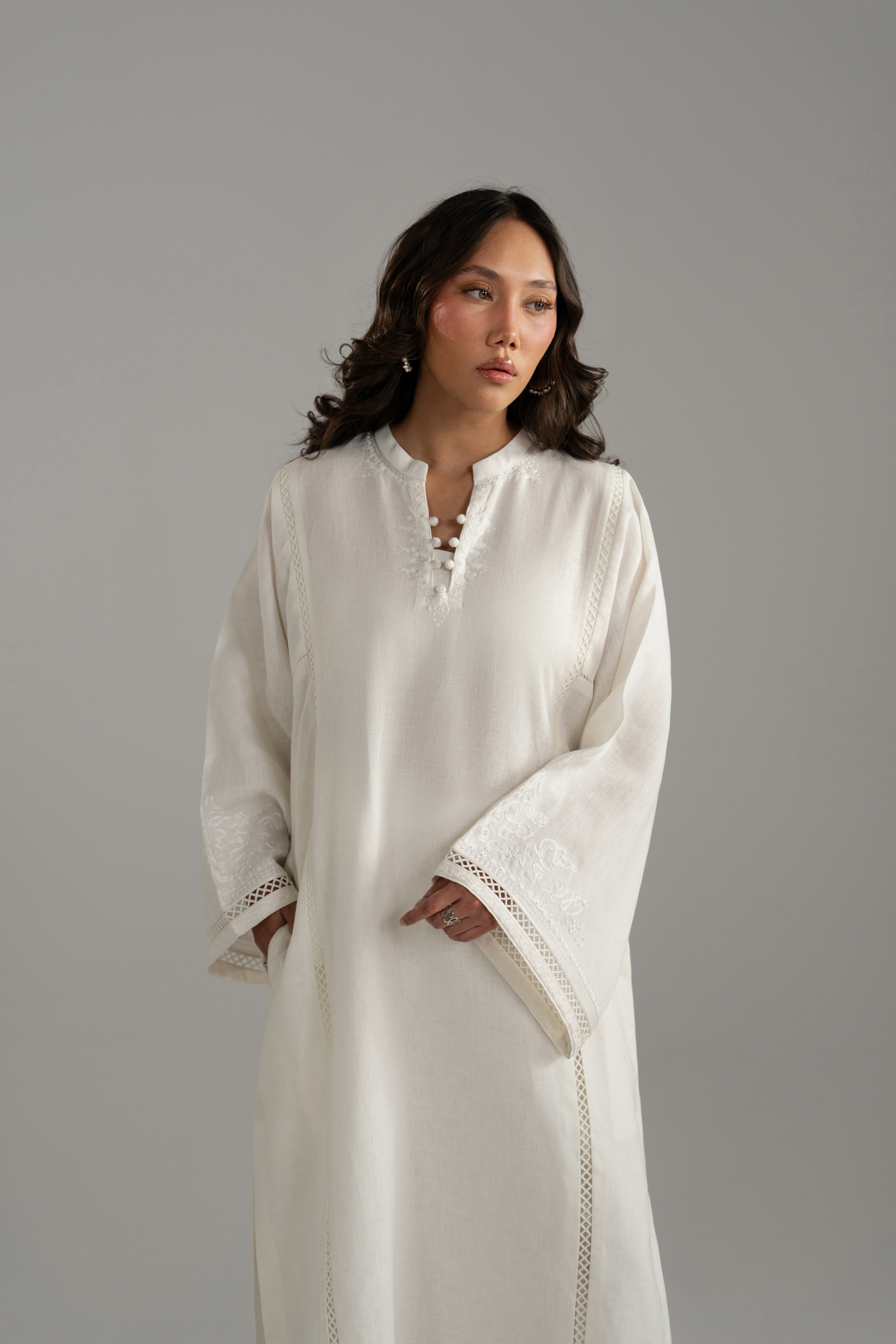 Long Embroidered Shirt with Lace Inserts